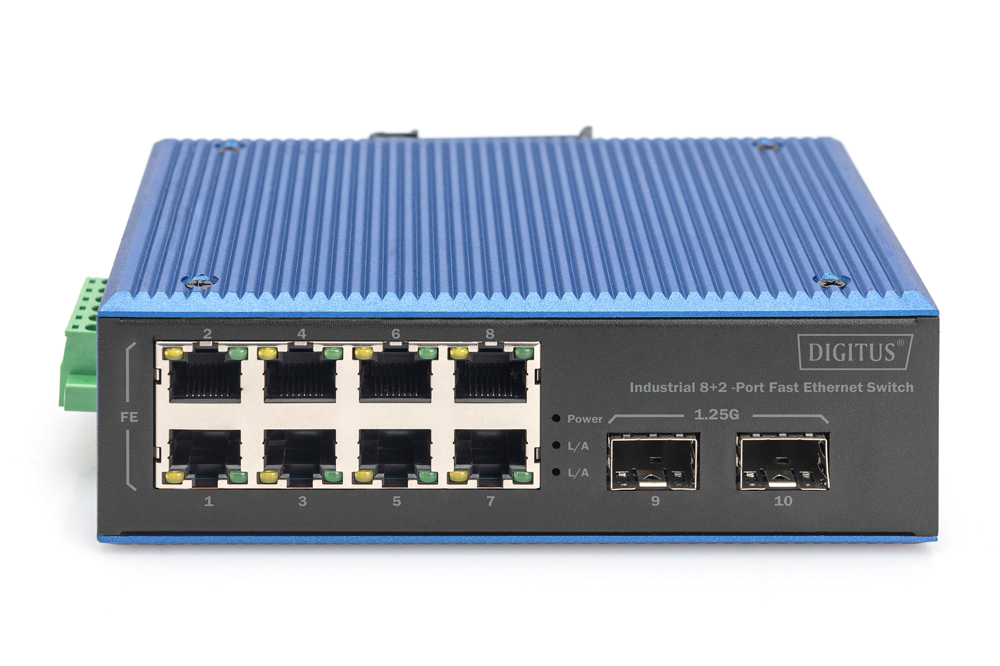 Switch Ethernet blu e nero, porte, logo 'Digitus' ed etichette su bianco.