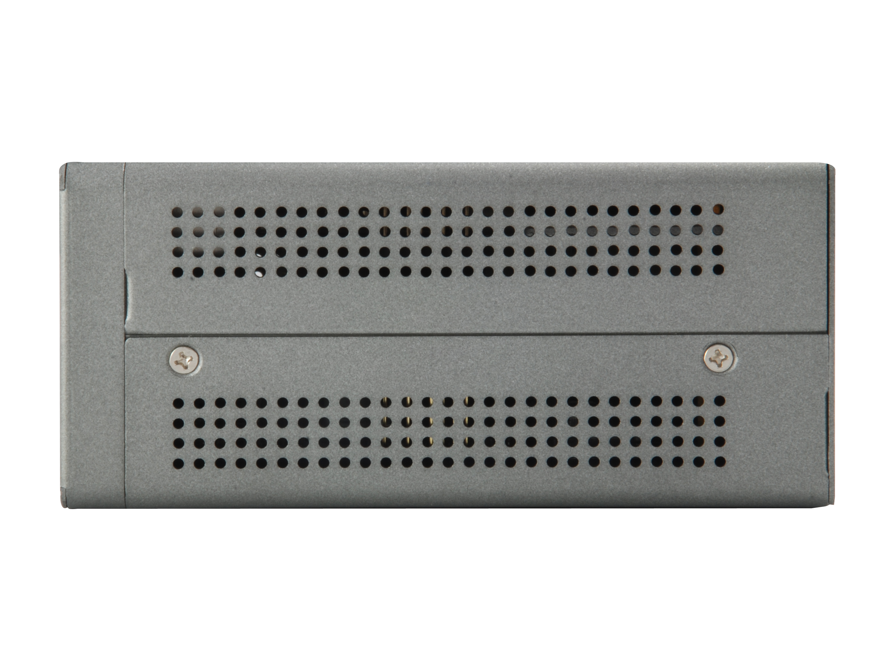 Vista laterale di uno switch di rete grigio. Ha una parte superiore e inferiore perforata. Sfondo bianco.