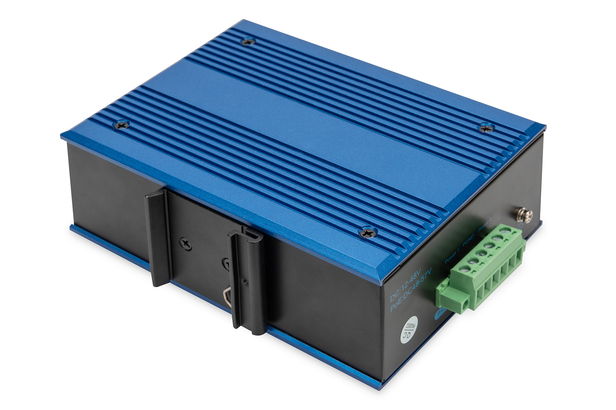 Uno switch di rete blu e nero. Ha una morsettiera verde. Sfondo bianco.