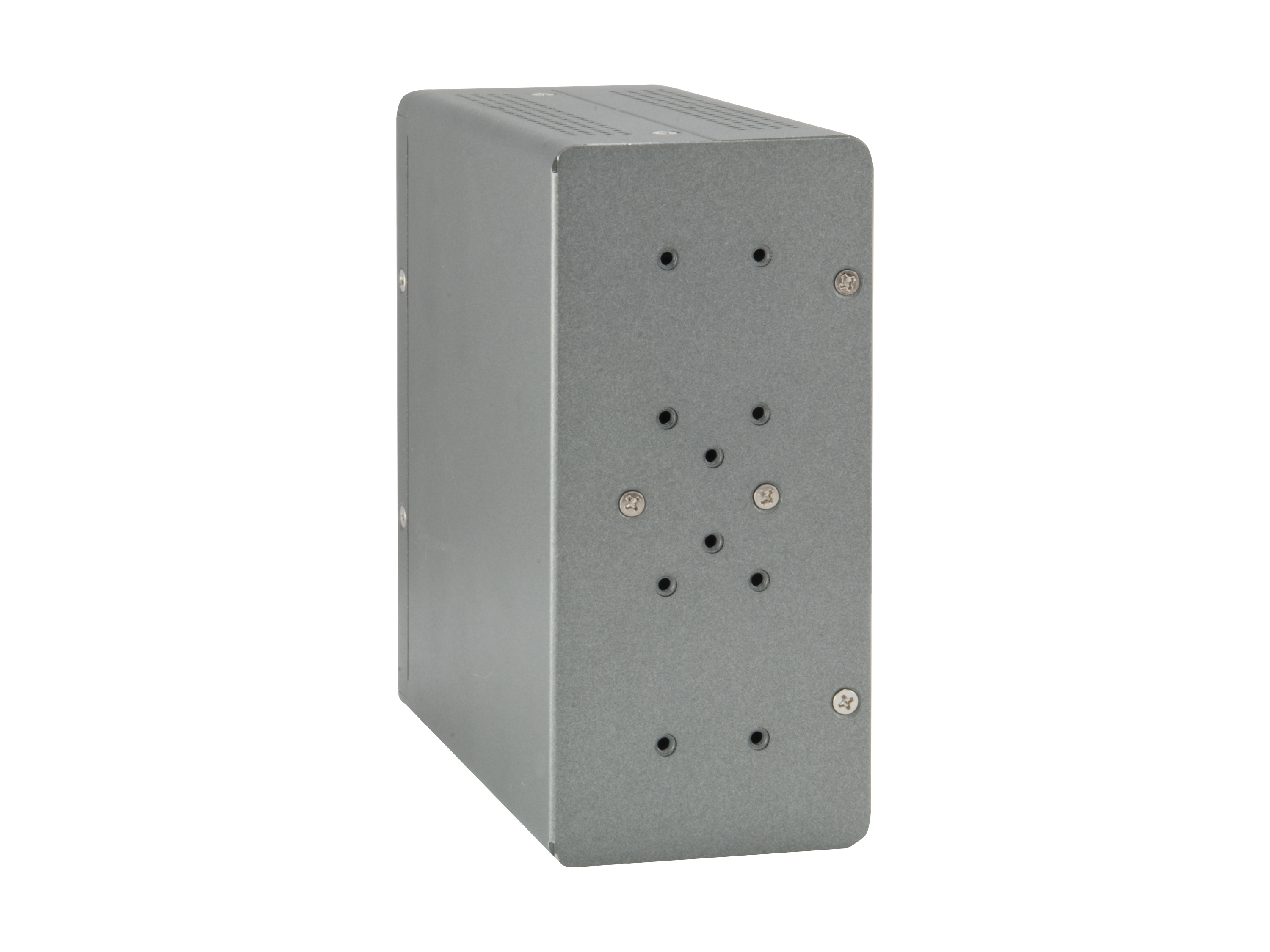 Scatola rettangolare grigio metallizzato con viti, su superficie bianca.