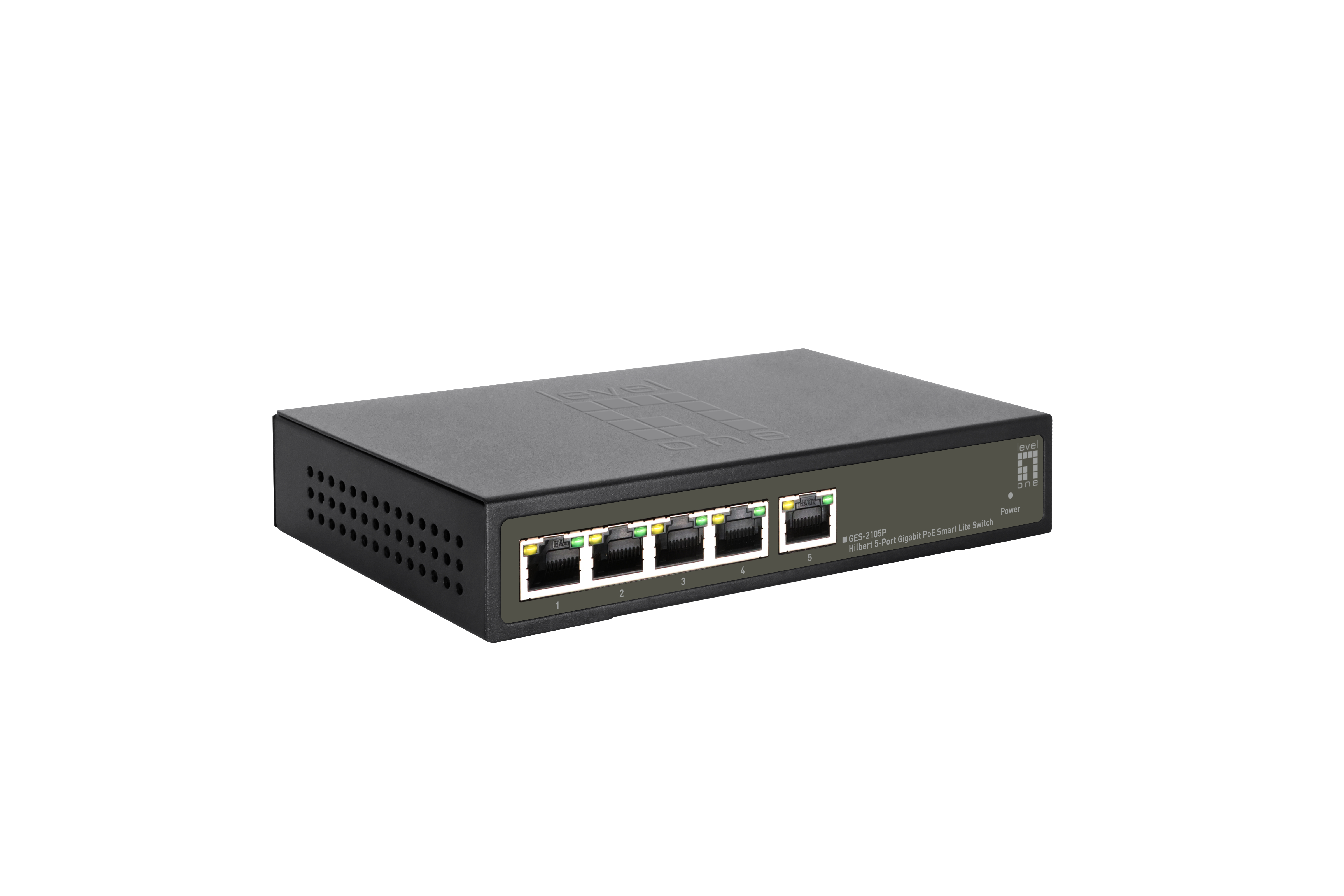 Switch di rete nero con 5 porte Ethernet e indicatore di alimentazione.