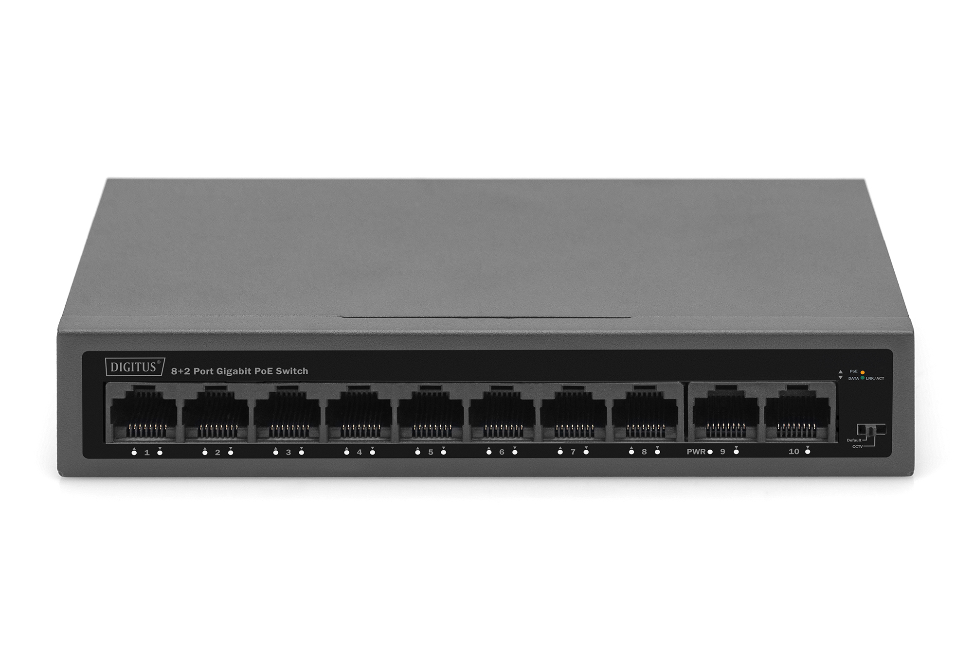 Switch PoE Gigabit a 8+2 porte grigio su sfondo bianco. Vista frontale.