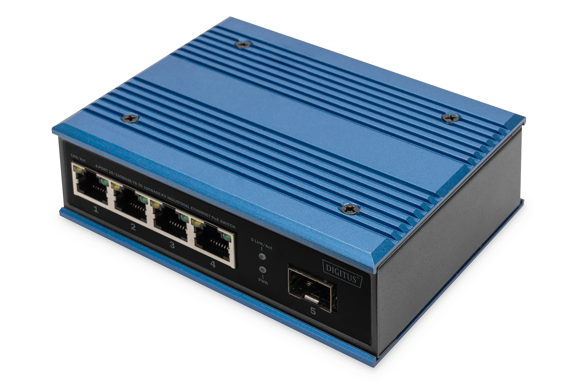 Switch Ethernet industriale blu e nero con cinque porte, vista angolata. Sfondo bianco.