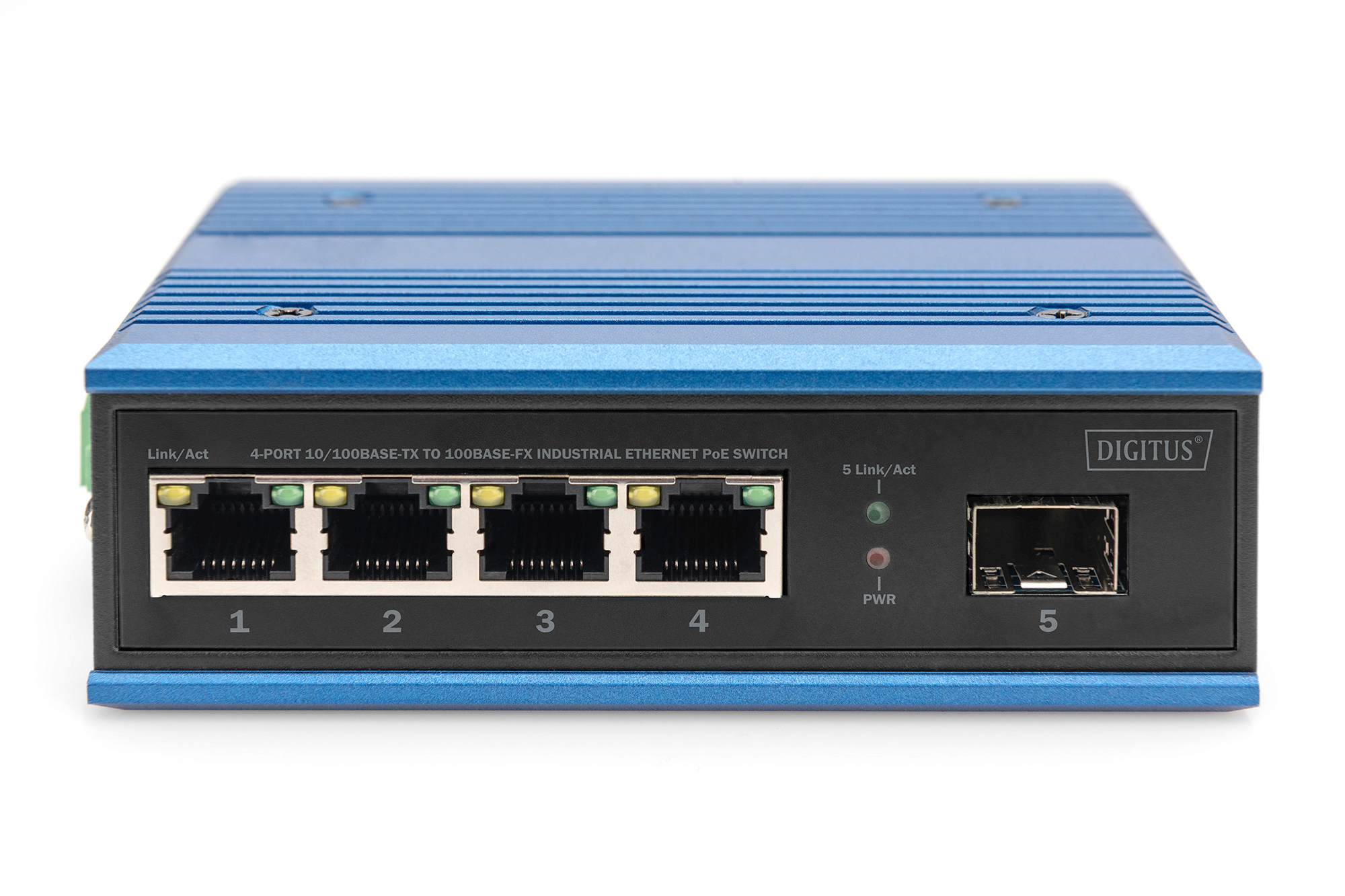 Switch Ethernet industriale blu e nero con cinque porte. Sfondo bianco.