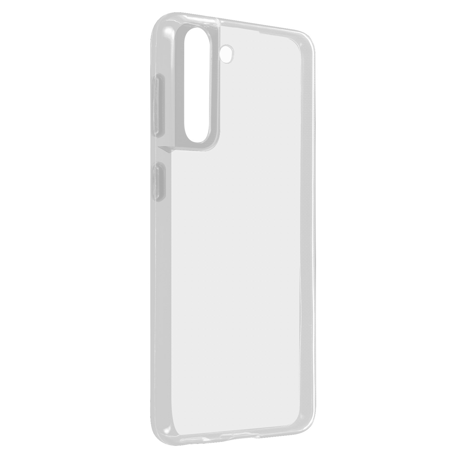 Custodia trasparente per telefono su sfondo bianco. Vista posteriore.