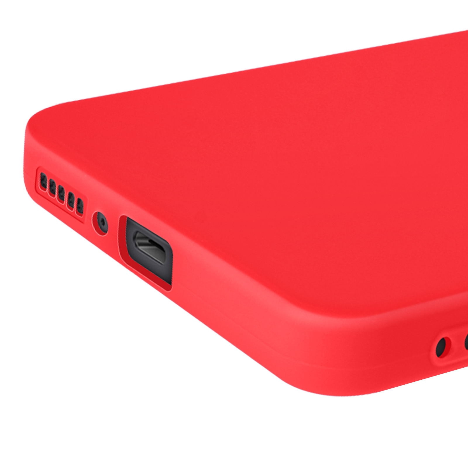 Dettaglio della custodia rossa del telefono, porta e altoparlante visibili. Sfondo bianco.