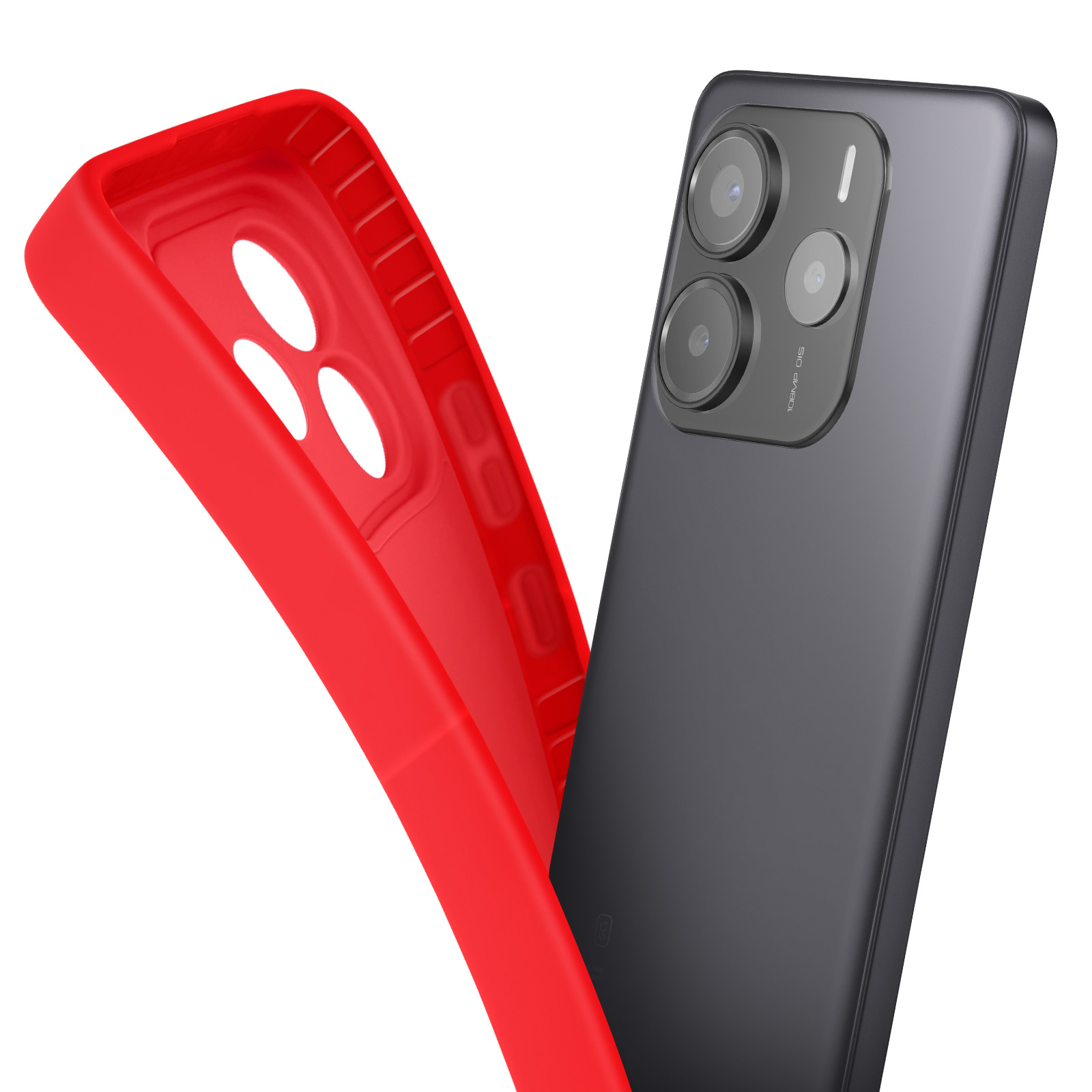 Custodia rossa e telefono nero. Primo piano. Sfondo bianco.