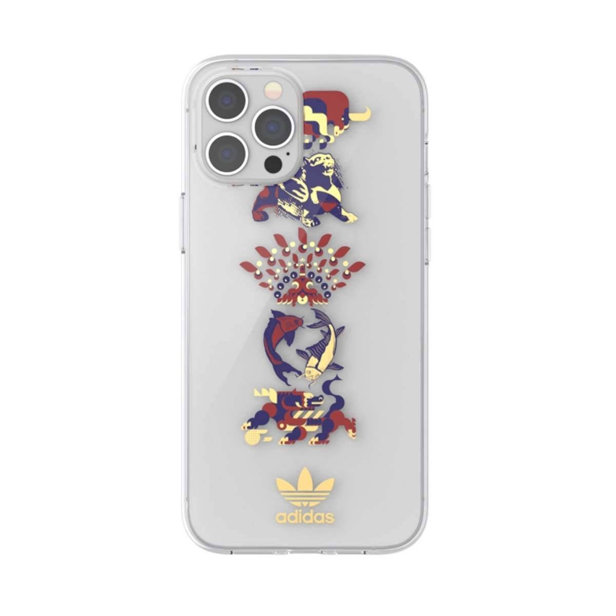 Custodia trasparente per telefono con logo Adidas e disegni decorativi su sfondo bianco.