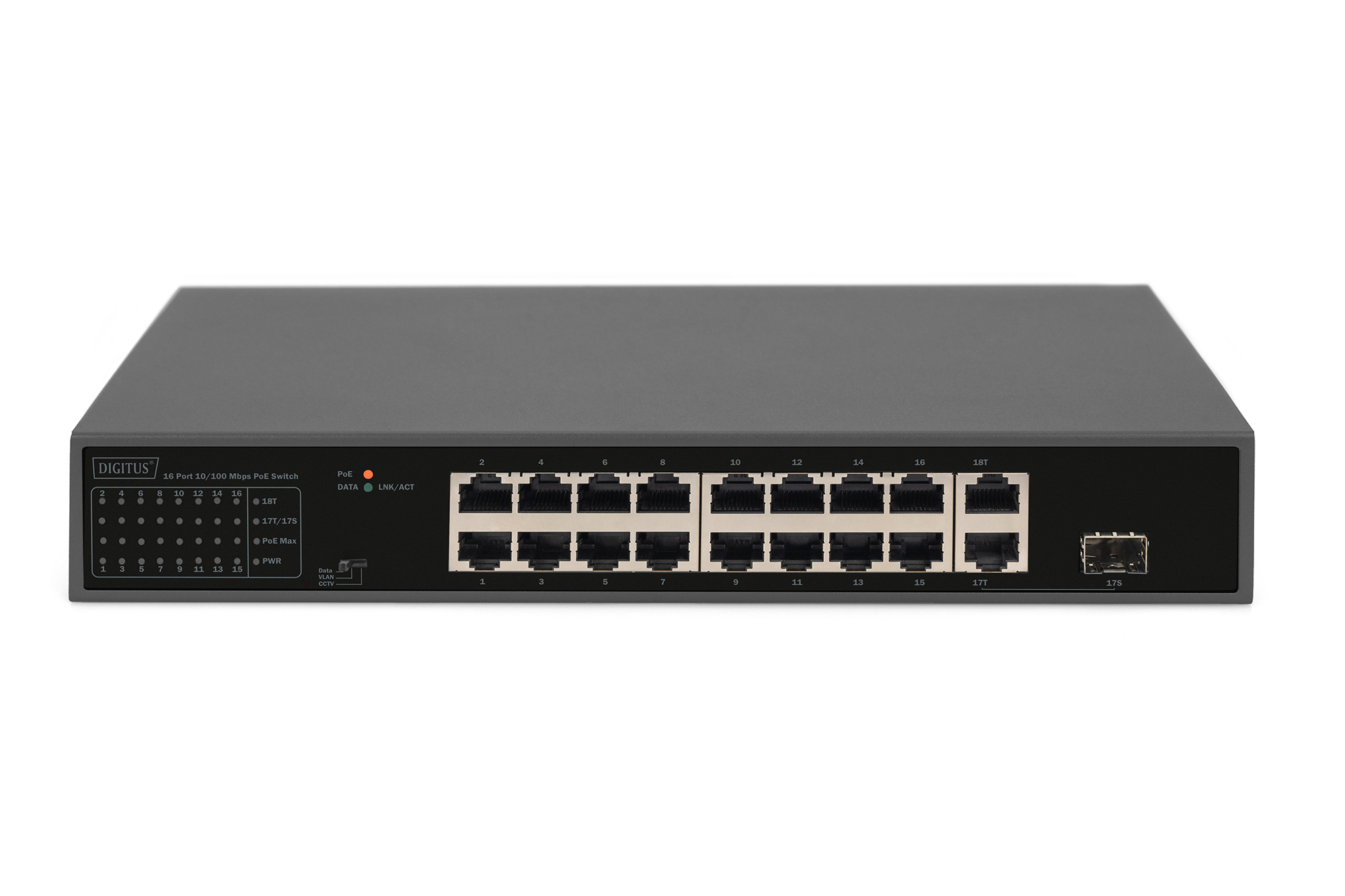 Switch di rete nero a 24 porte, porte frontali. Sfondo bianco.