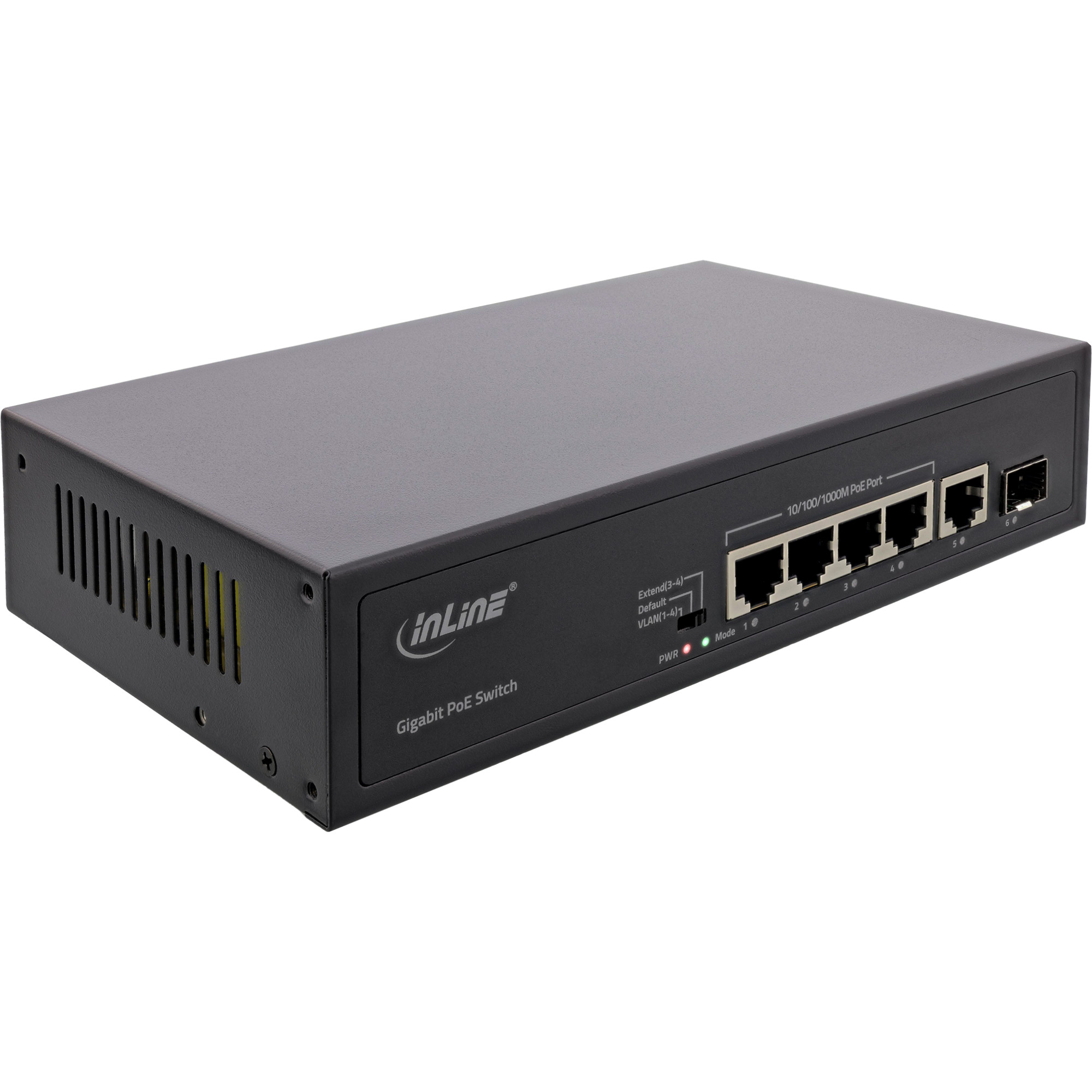 Switch PoE Gigabit nero con più porte e spie luminose, vista angolata.