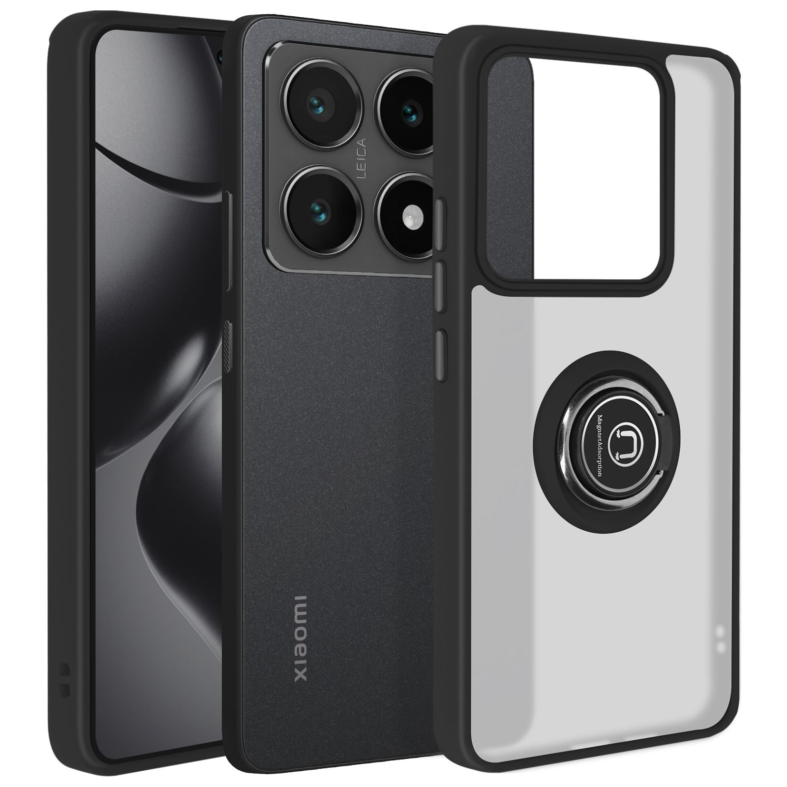 Telefono con custodia: telefono nero con fotocamera Leica e custodia trasparente con supporto ad anello. Lo sfondo è sfocato.