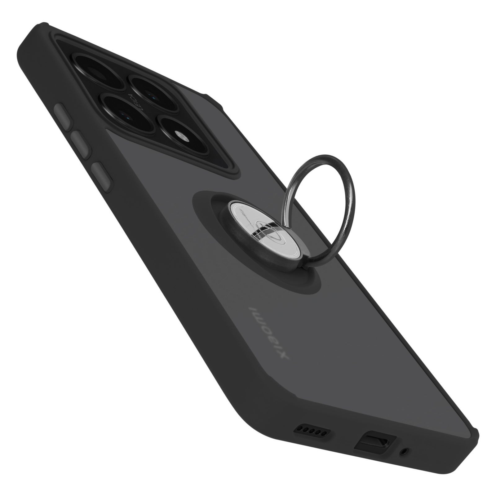 Custodia per telefono nera con anello di supporto, vista angolata.
