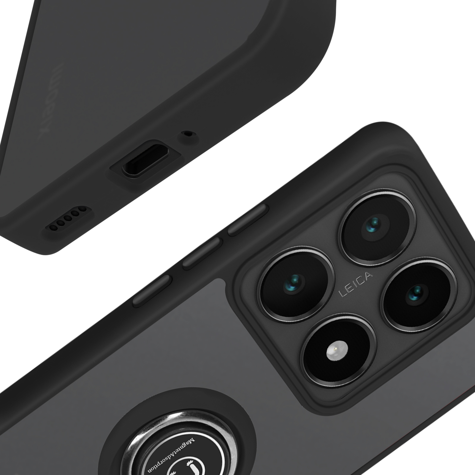 Custodia per telefono nera con anello di supporto, primo piano, vista angolata.