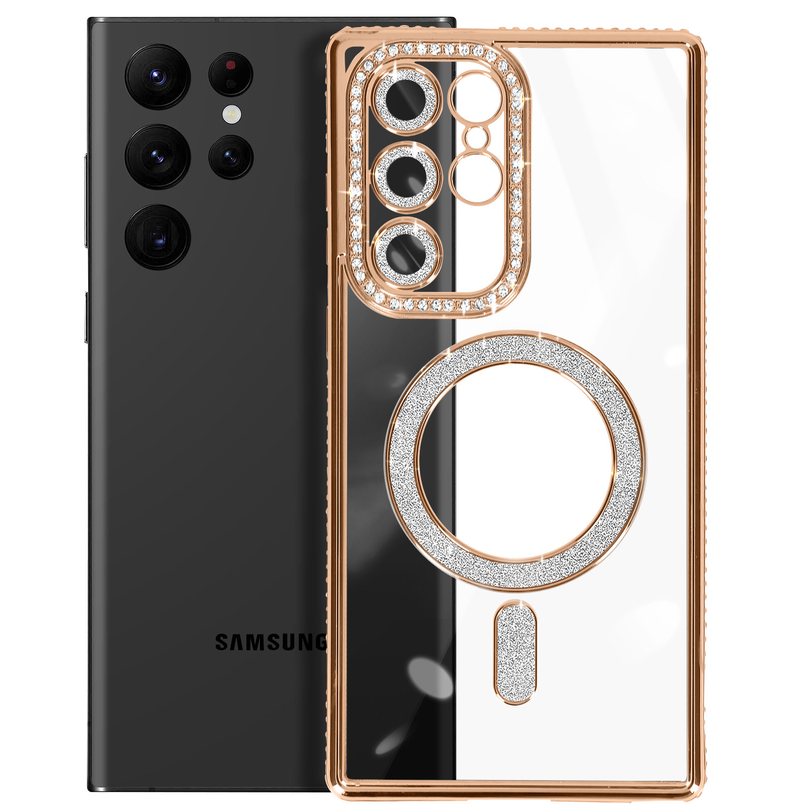 Teléfono negro con borde dorado, cristales y anillo magnético, primer plano.