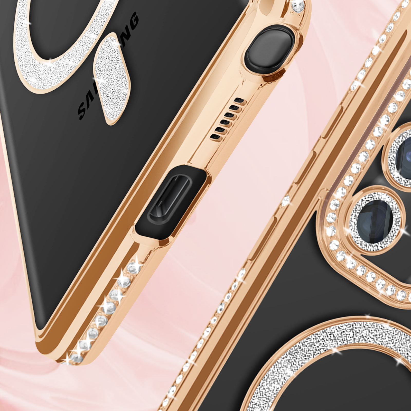 Primer plano de una funda de teléfono con detalles dorados y cristales. Detalles incluyen el logo de Samsung.