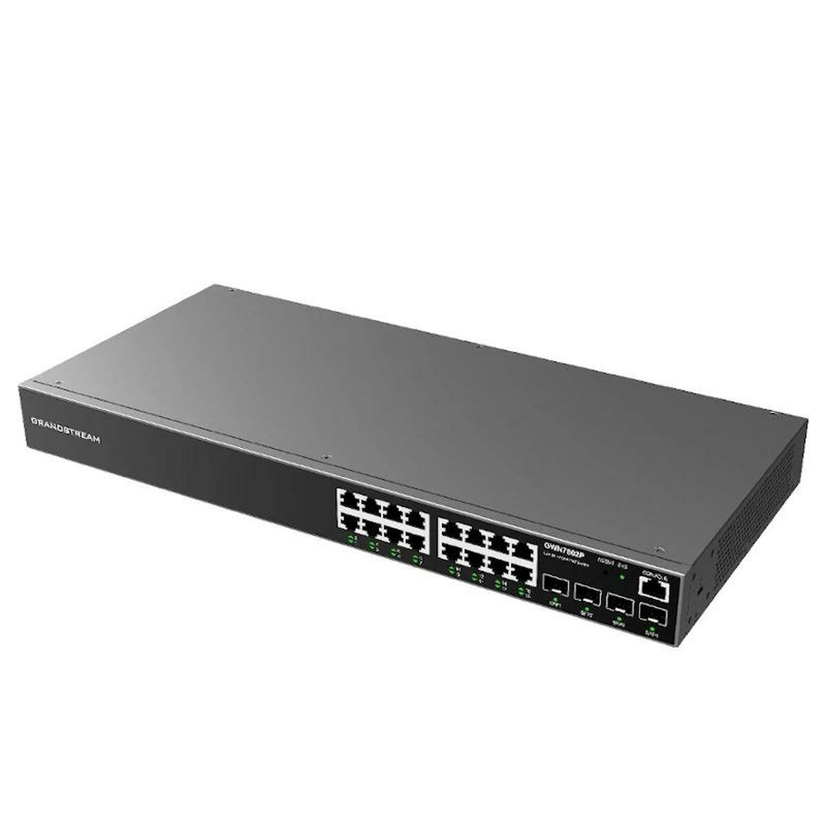 Switch Grandstream nero con più porte. Il dispositivo ha diverse spie verdi ed è su sfondo bianco.