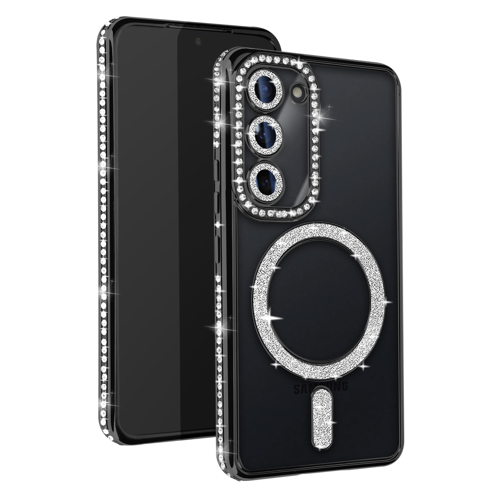 Custodia per telefono nera con finiture dorate, cristalli e un anello magnetico.