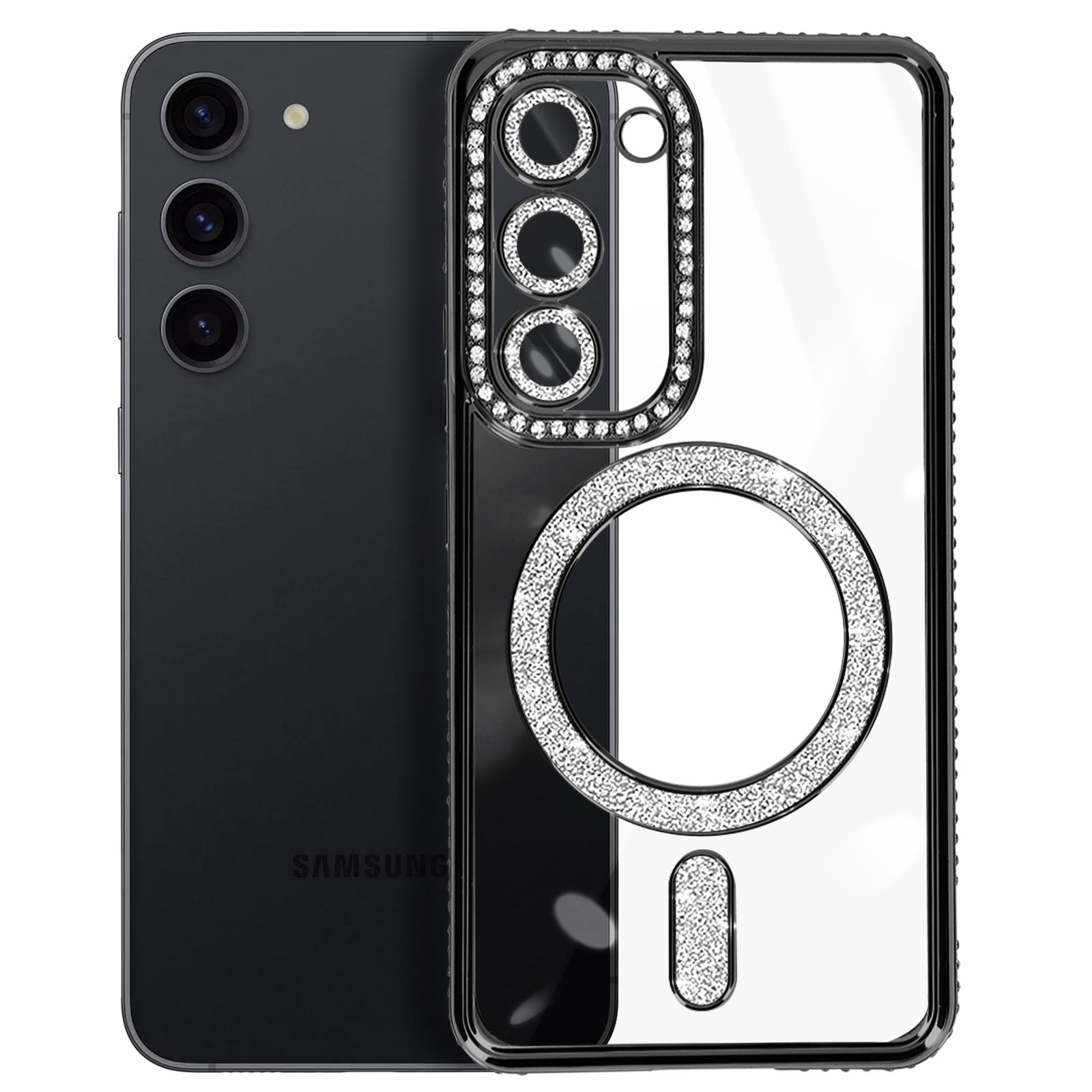Telefono Samsung nero con custodia decorativa. La custodia ha strass attorno alla fotocamera e un cerchio magsafe.