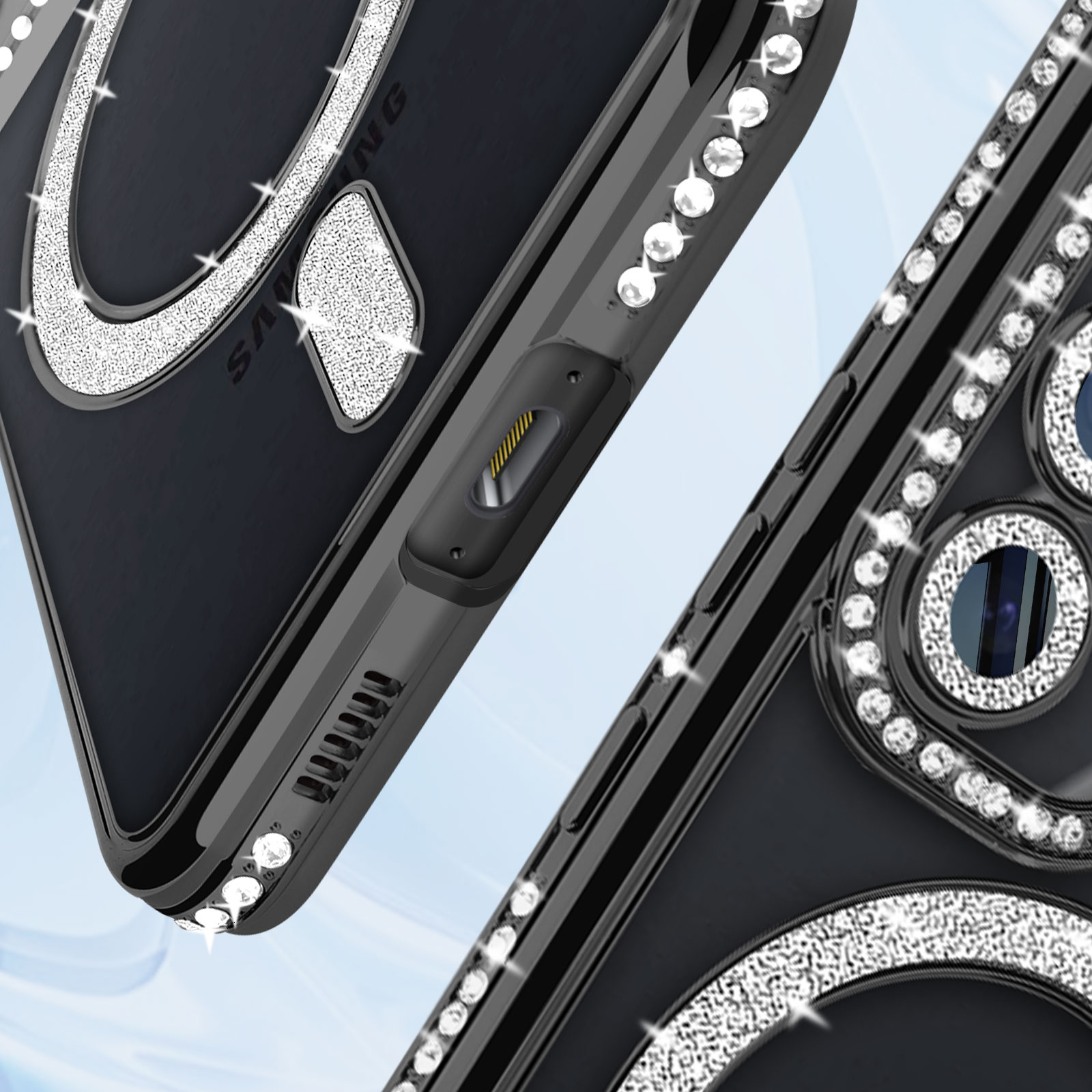 Primo piano di una custodia per telefono nera con strass. La custodia ha pulsanti e un ritaglio per la fotocamera.