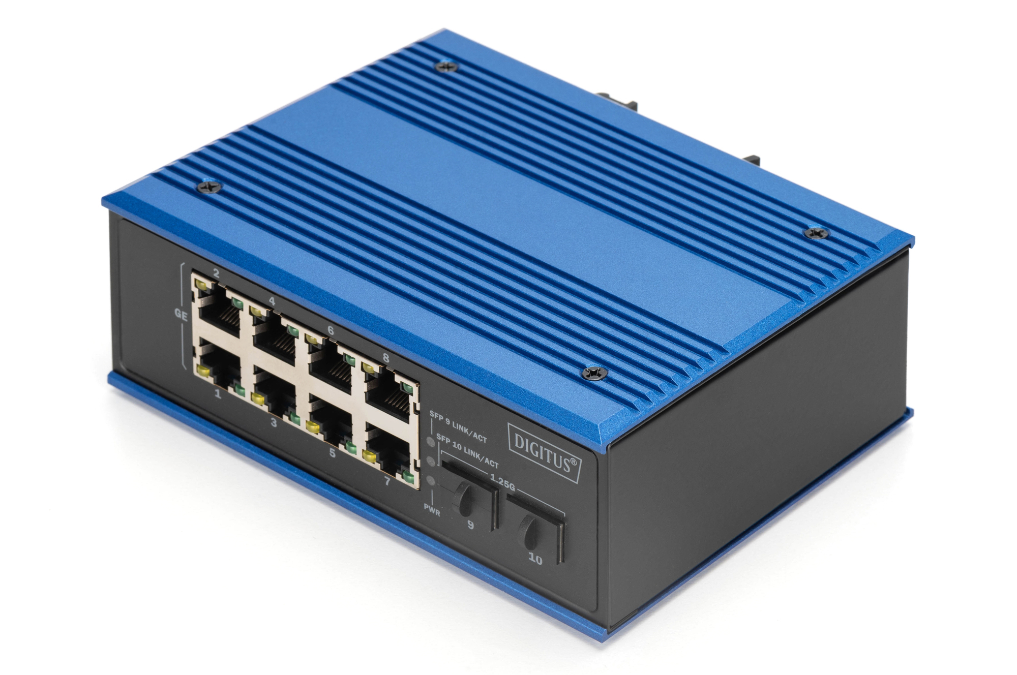 Switch Ethernet blu e nero con più porte. Il marchio è Digit.us