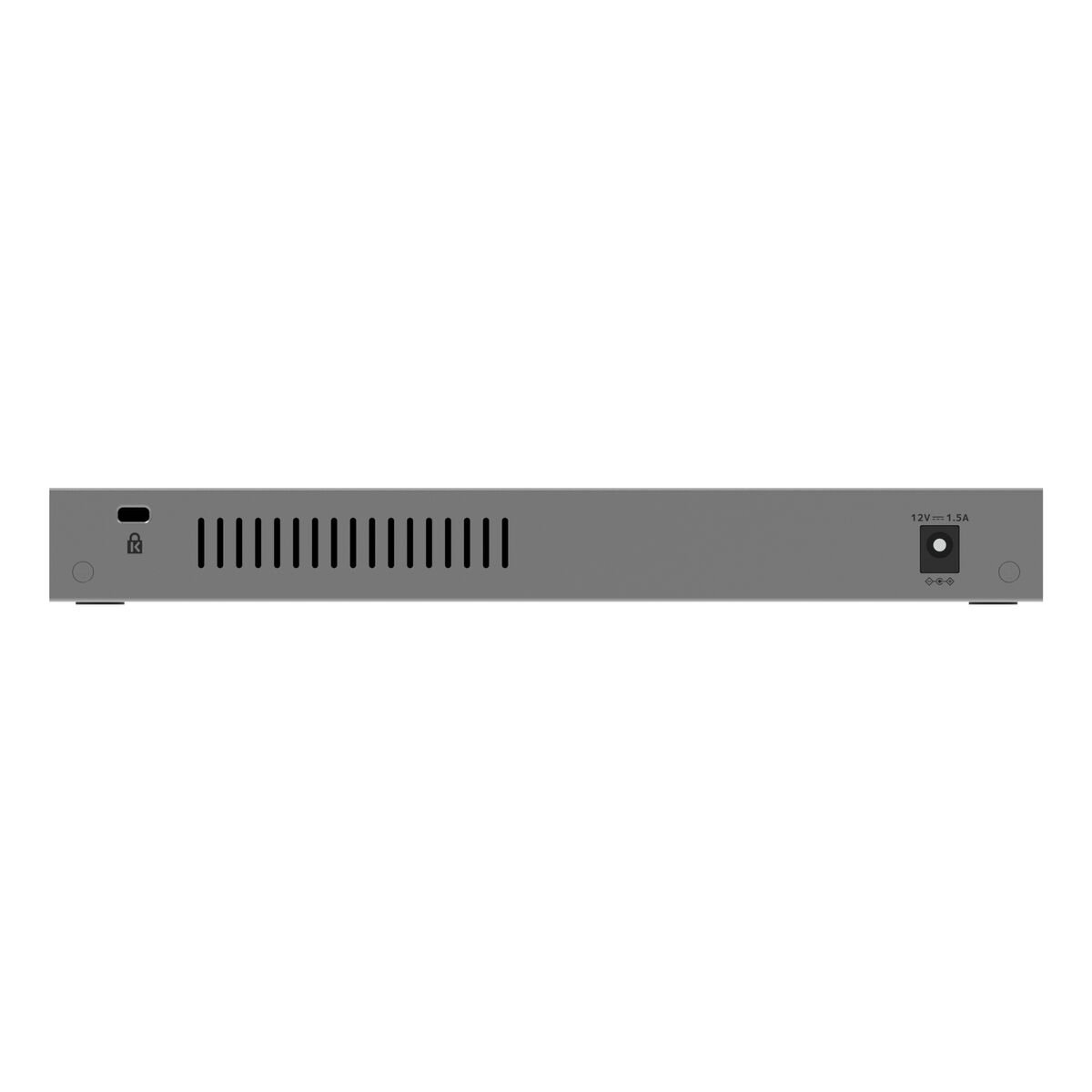 Commutateur Ethernet gris avec ports et trous de ventilation. Il possède une entrée 12V.