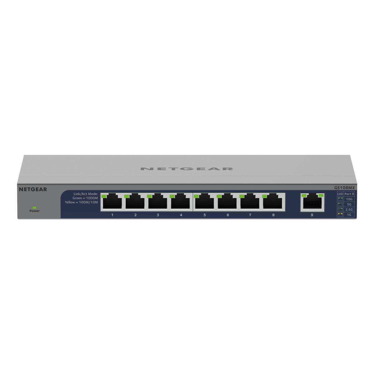 Switch NETGEAR avec 9 ports Ethernet. Indicateurs à gauche. Corps gris avec détails noirs et bleus.