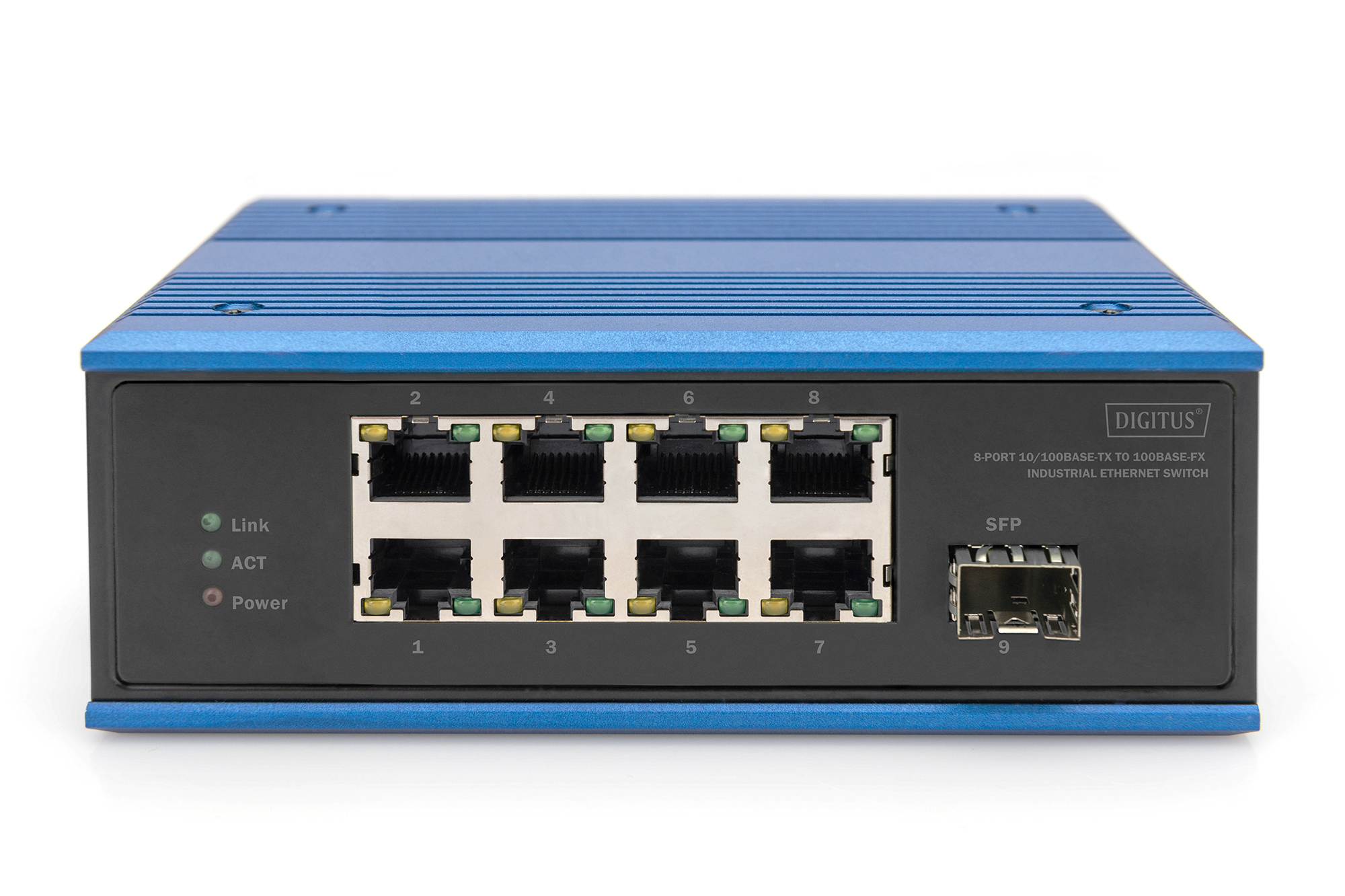 Uno switch Ethernet industriale DigitUs blu e nero a 8 porte con porte, indicatori e una porta SFP, su una superficie bianca.