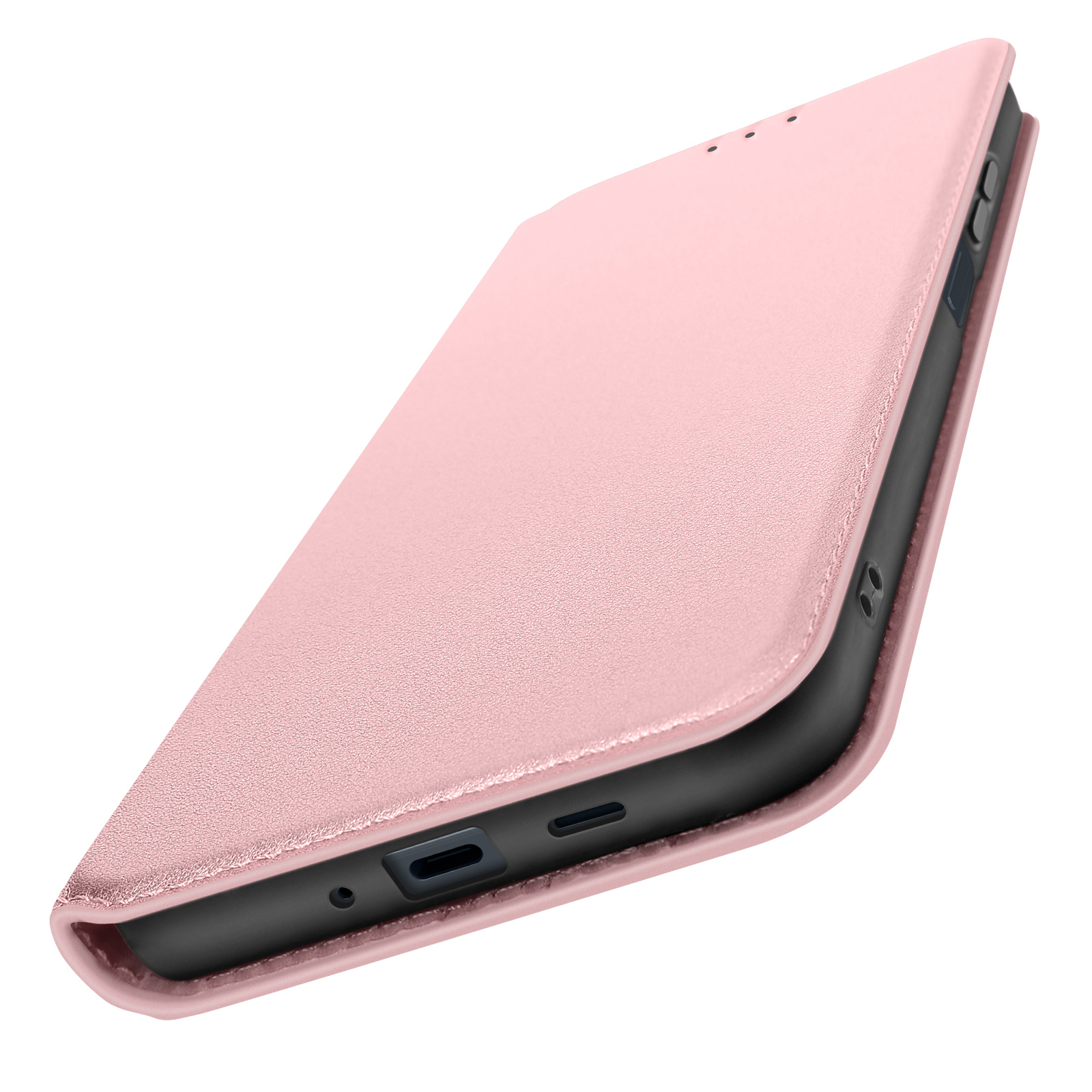 Una custodia per telefono oro rosa, aperta, che mostra un interno del telefono nero, su sfondo bianco, leggermente angolato.