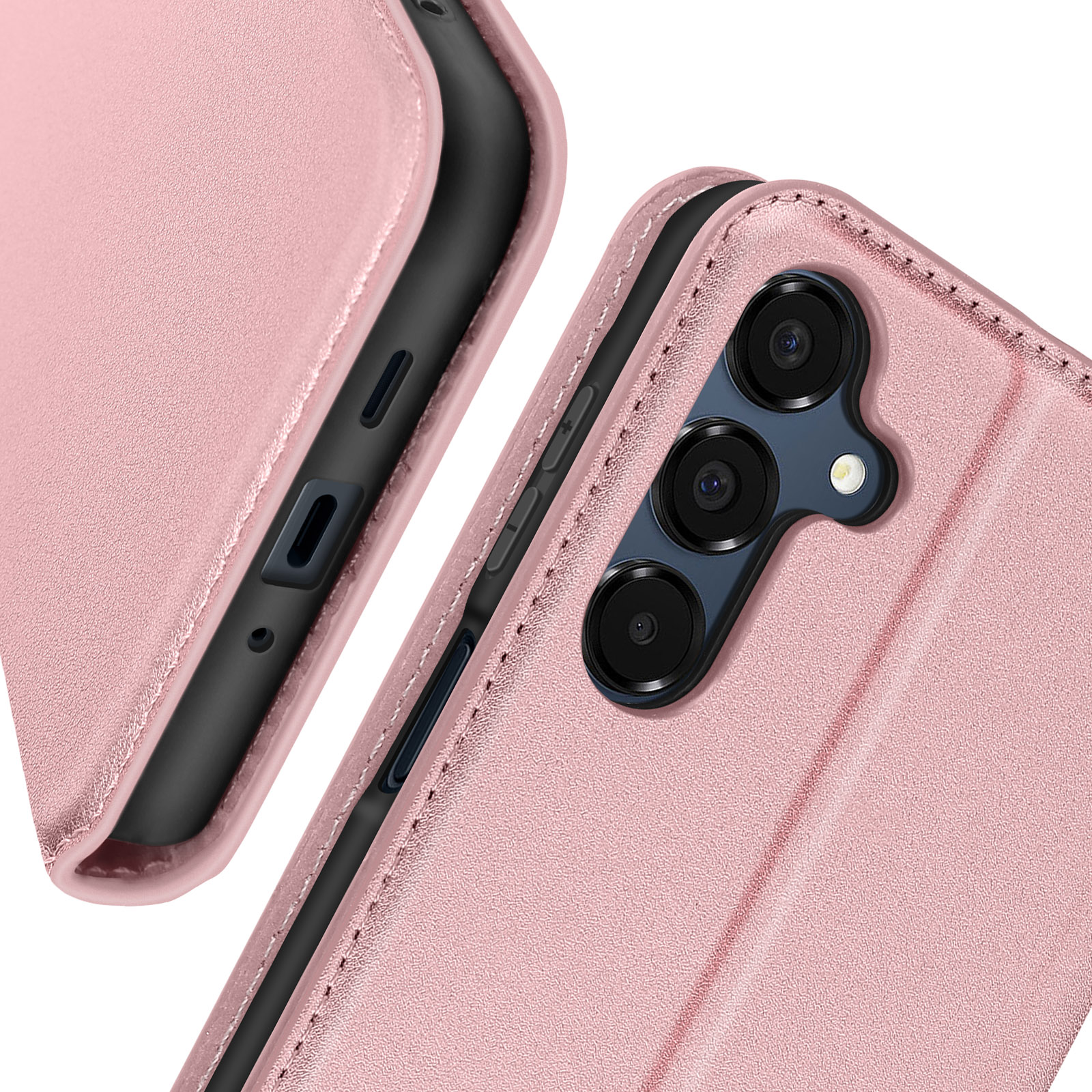 Primo piano della custodia rosa per telefono con telefono all'interno. Dettagli della fotocamera, pulsanti. Beige.