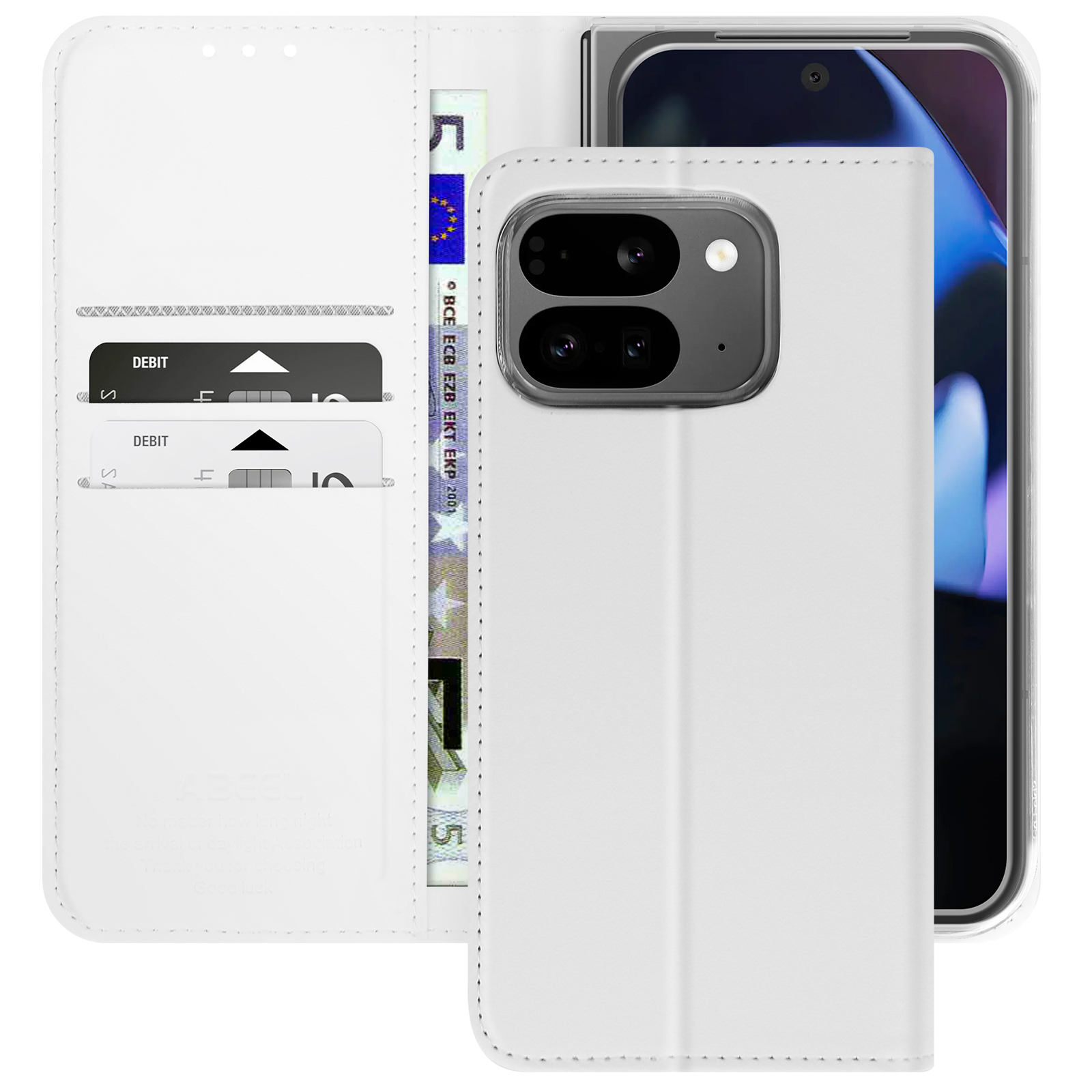Weißes Telefon in einer weißen Brieftasche mit Karten und einer Rechnung sichtbar.