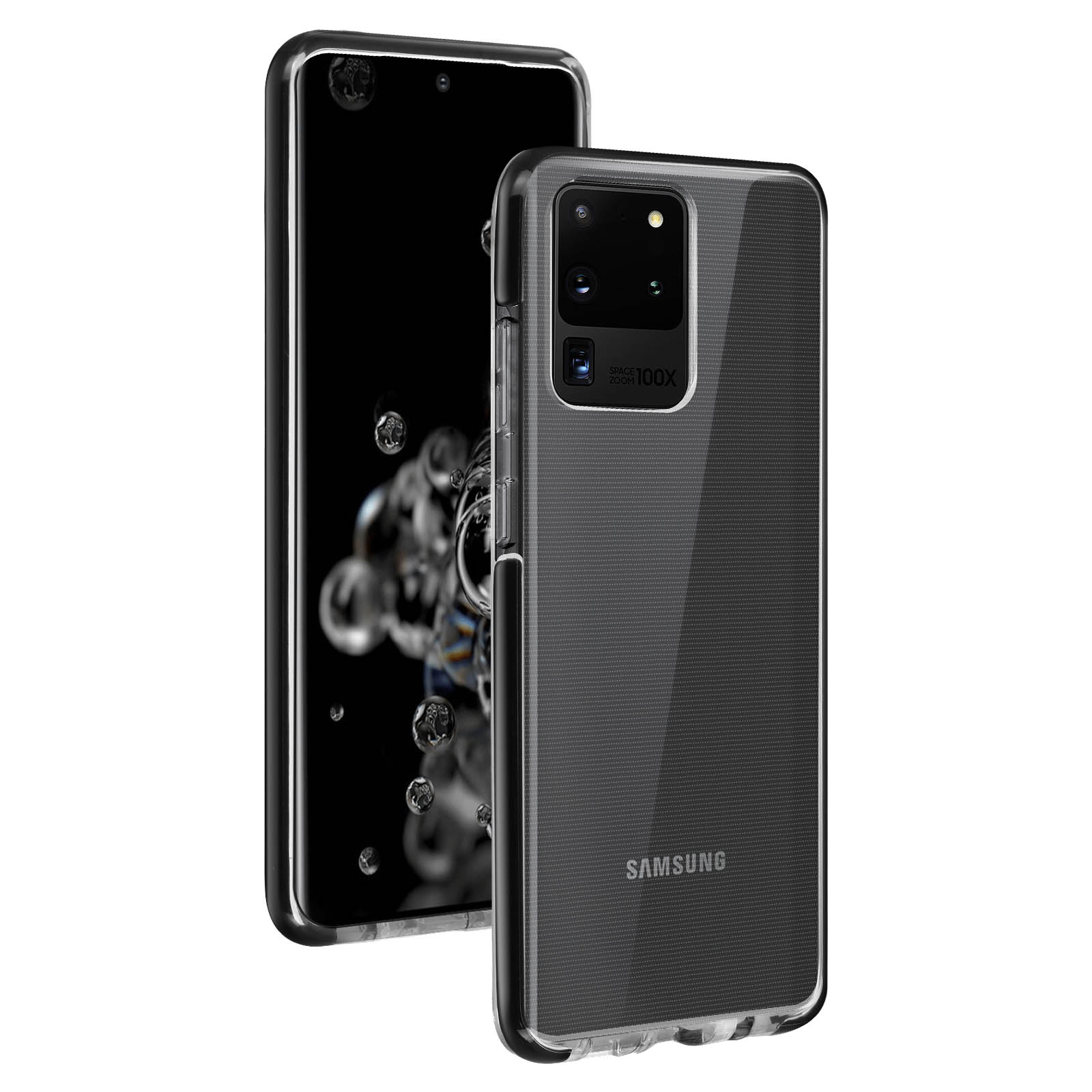 Un telefono con custodia, che mostra il telefono e la custodia, con marchio Samsung.