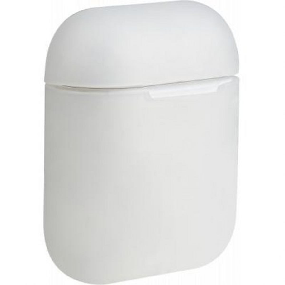 Funda de carga de auriculares blanca y abierta, con tapa y parte superior visibles.