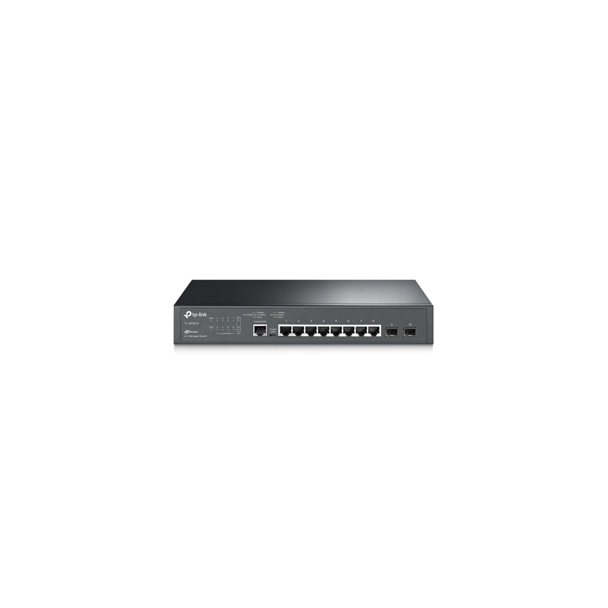 Uno switch di rete TP-Link nero su sfondo bianco. Vista frontale.