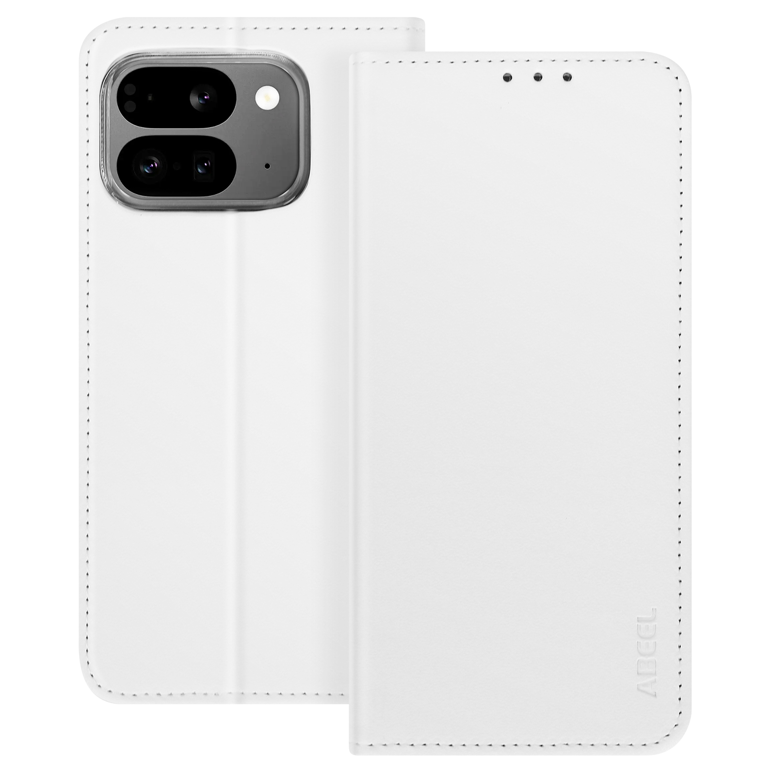 Weißes Telefon in weißer Hülle, geöffnet, zeigt Telefon und Hülle.