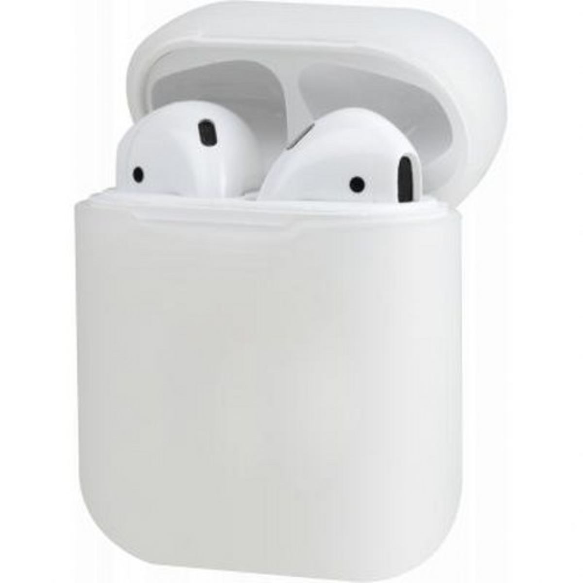 Auriculares blancos en un estuche blanco abierto. Dos auriculares visibles.