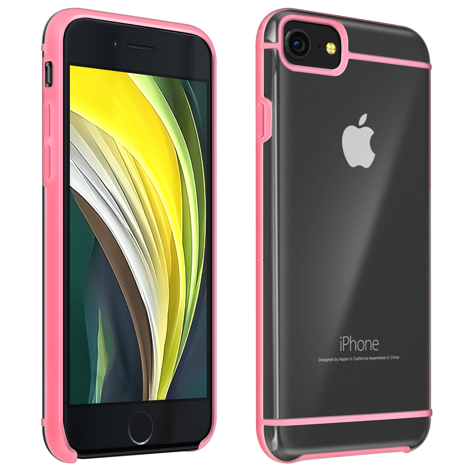 Telefono nero in custodia trasparente con cornice rosa, logo Apple e testo iPhone.