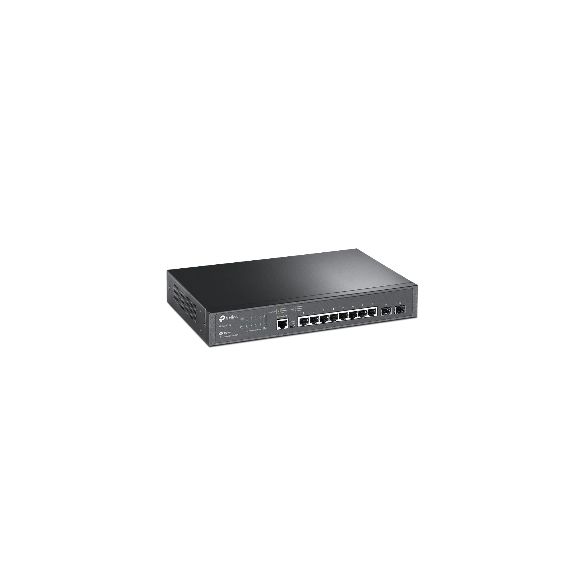 Uno switch di rete TP-Link nero su sfondo bianco. Vista angolata.