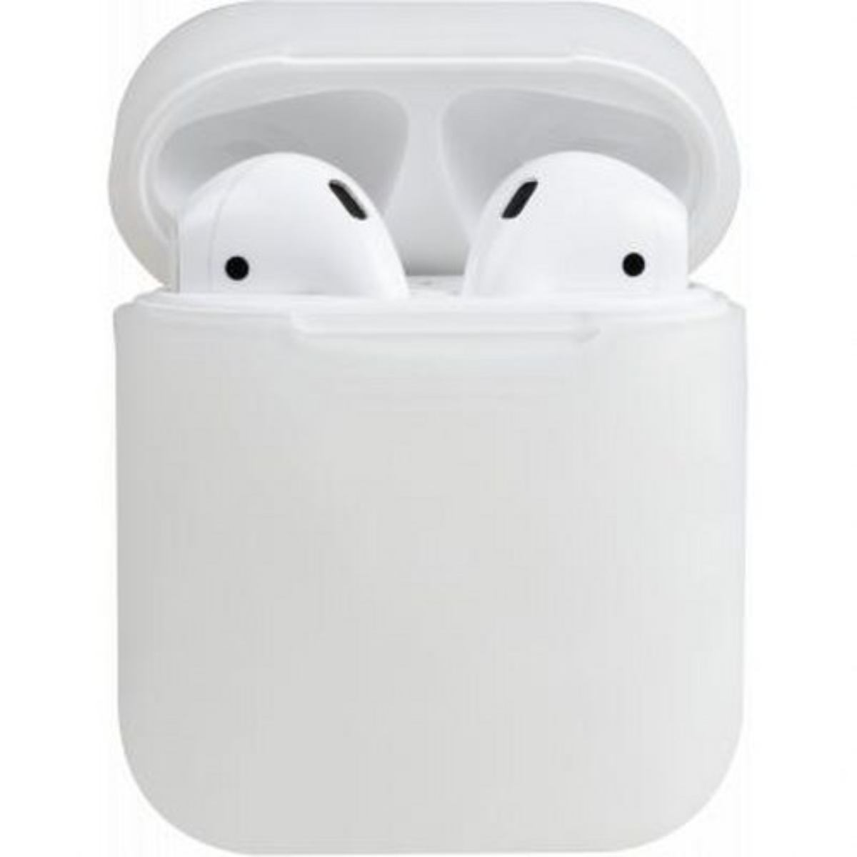 Auriculares blancos en un estuche blanco abierto. Dos auriculares visibles.