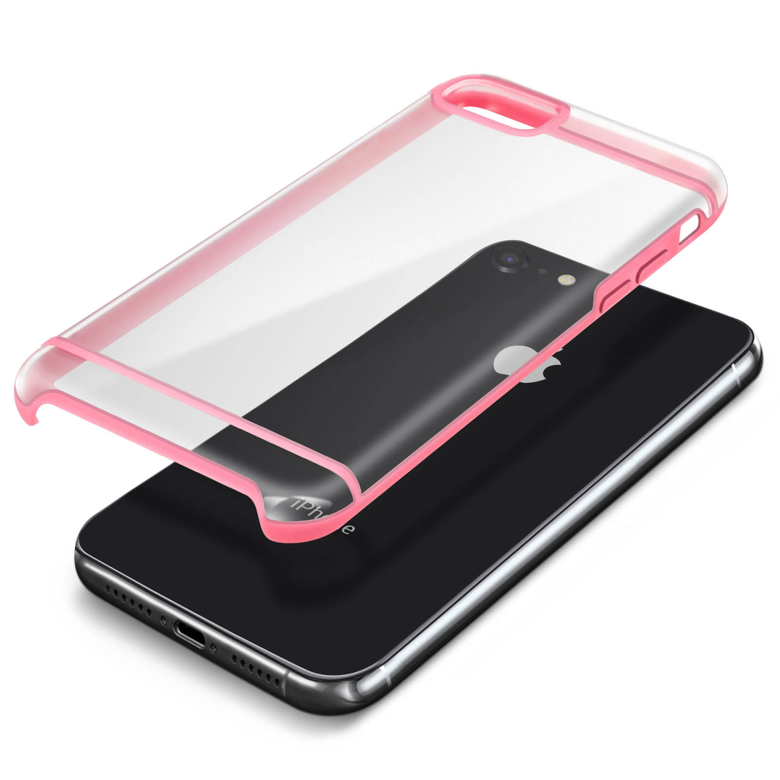 iPhone nero con custodia trasparente bordata di rosa. La custodia è leggermente aperta. Sfondo bianco.