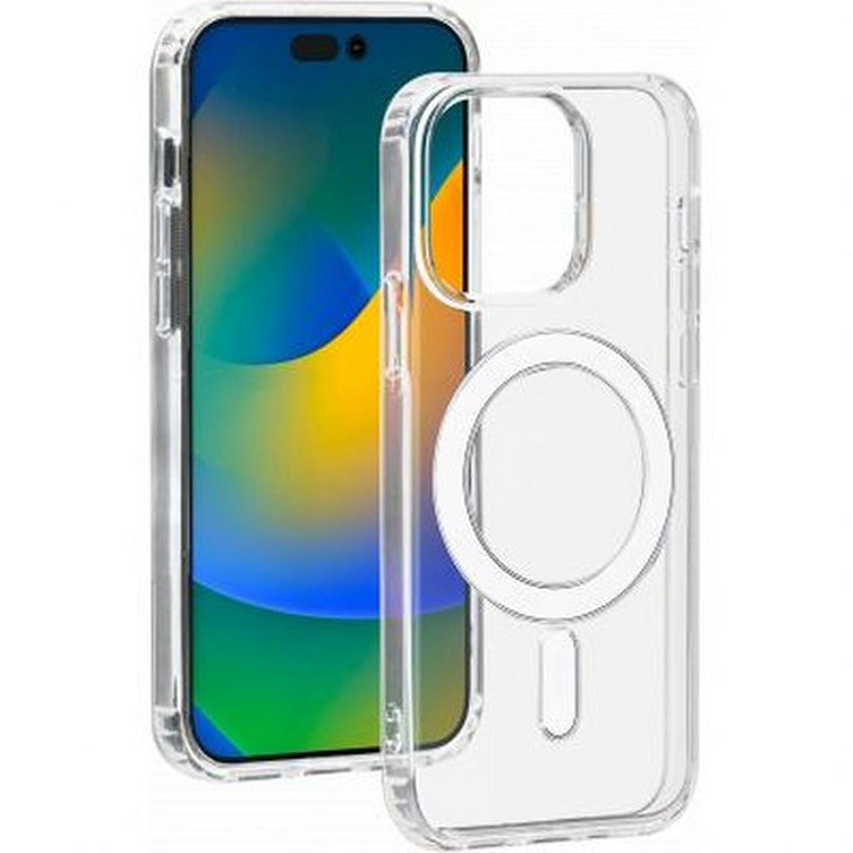Custodia trasparente con telefono all'interno, cerchio trasparente sul retro.