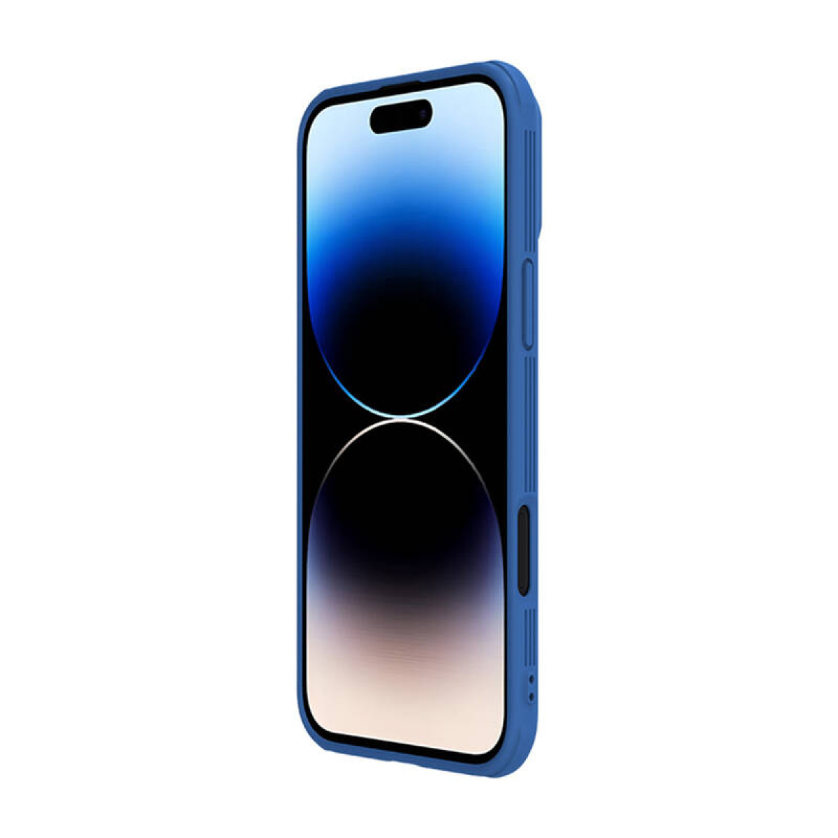 Telefono blu con custodia blu. Lo schermo è visibile.