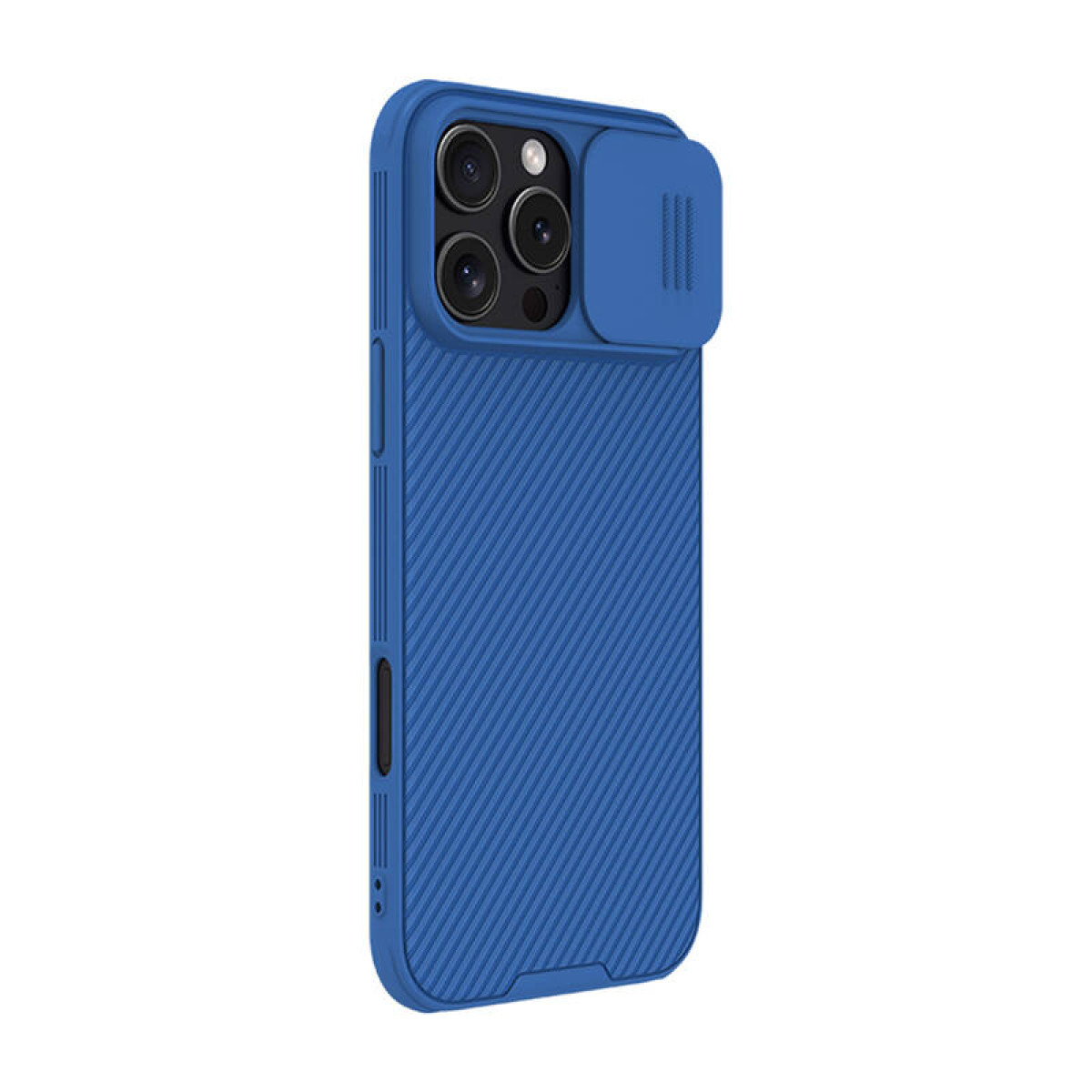 Custodia blu per telefono con copertura per fotocamera e retro strutturato.
