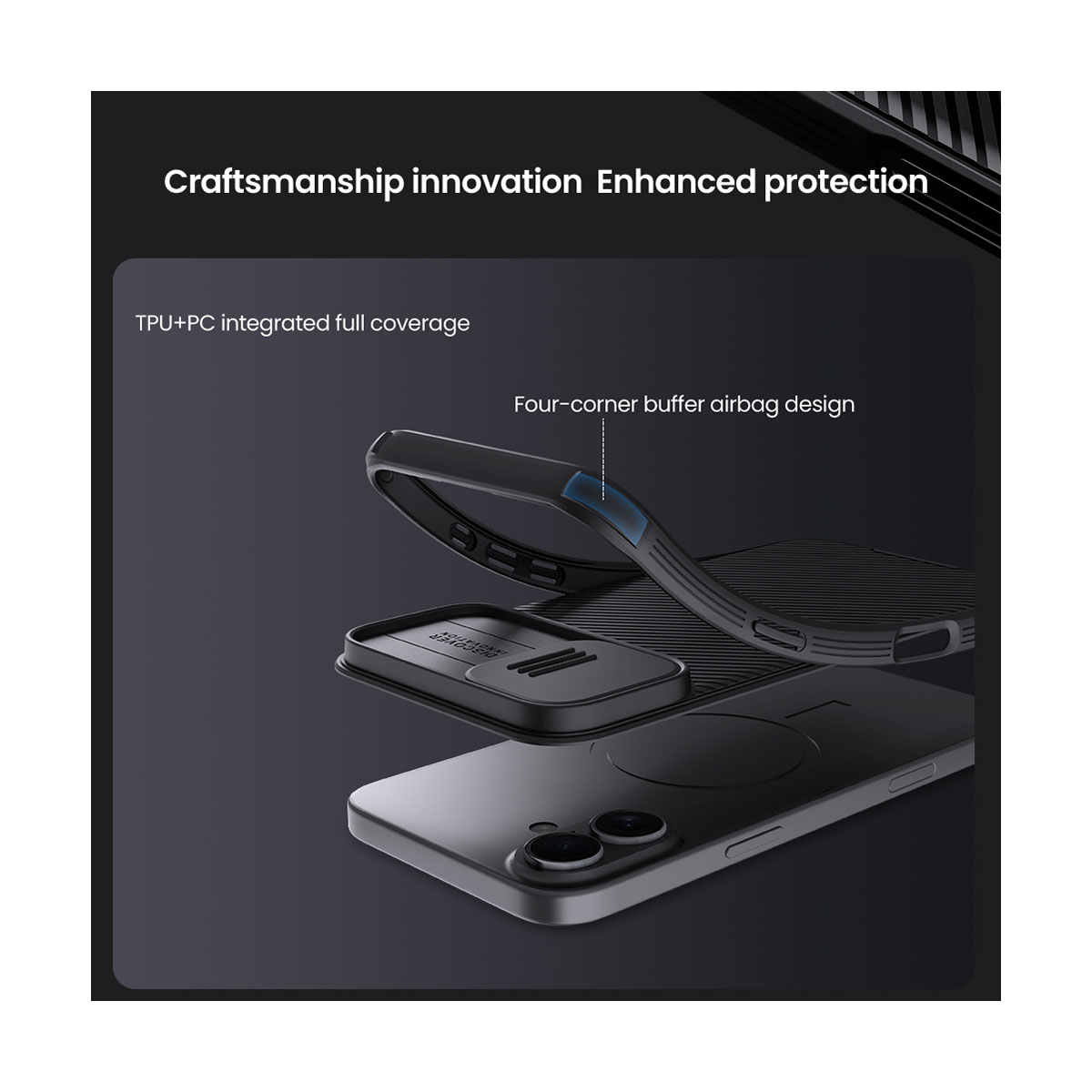 Vista sezionata di una custodia per telefono con telefono all'interno. Mostra il design interno per la protezione.