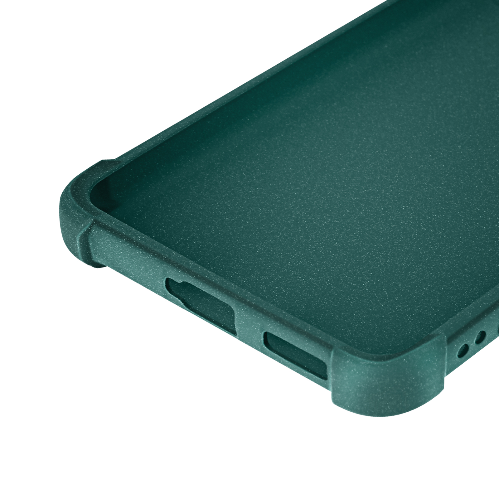 Primo piano di una custodia per telefono verde. I bordi sono rialzati e proteggono il telefono. Sfondo bianco.
