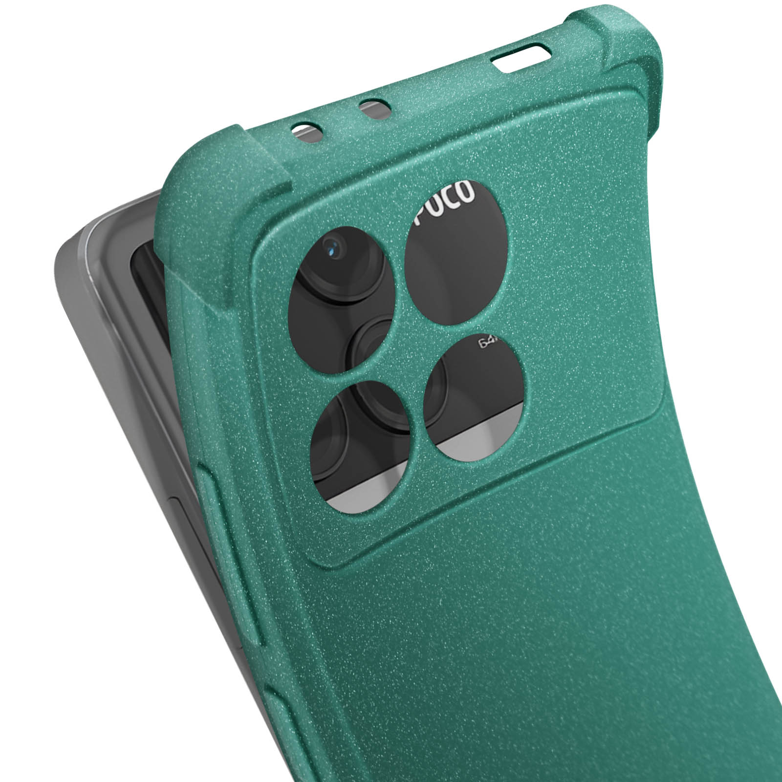 Custodia verde per telefono con quattro fori per fotocamera, mostra un telefono all'interno.