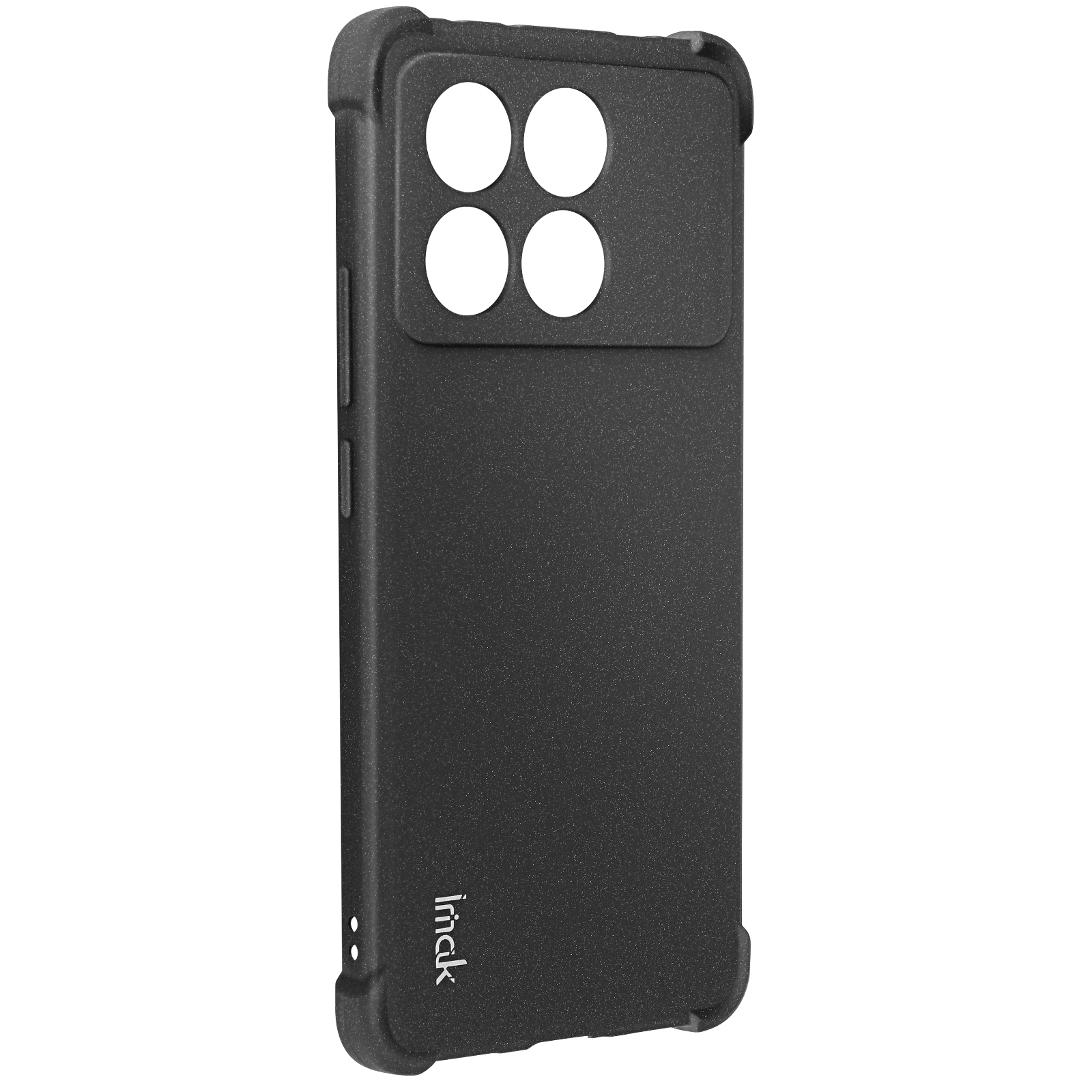 Custodia nera con quattro fori per fotocamera. Sfondo nero. Logo Irtrick.