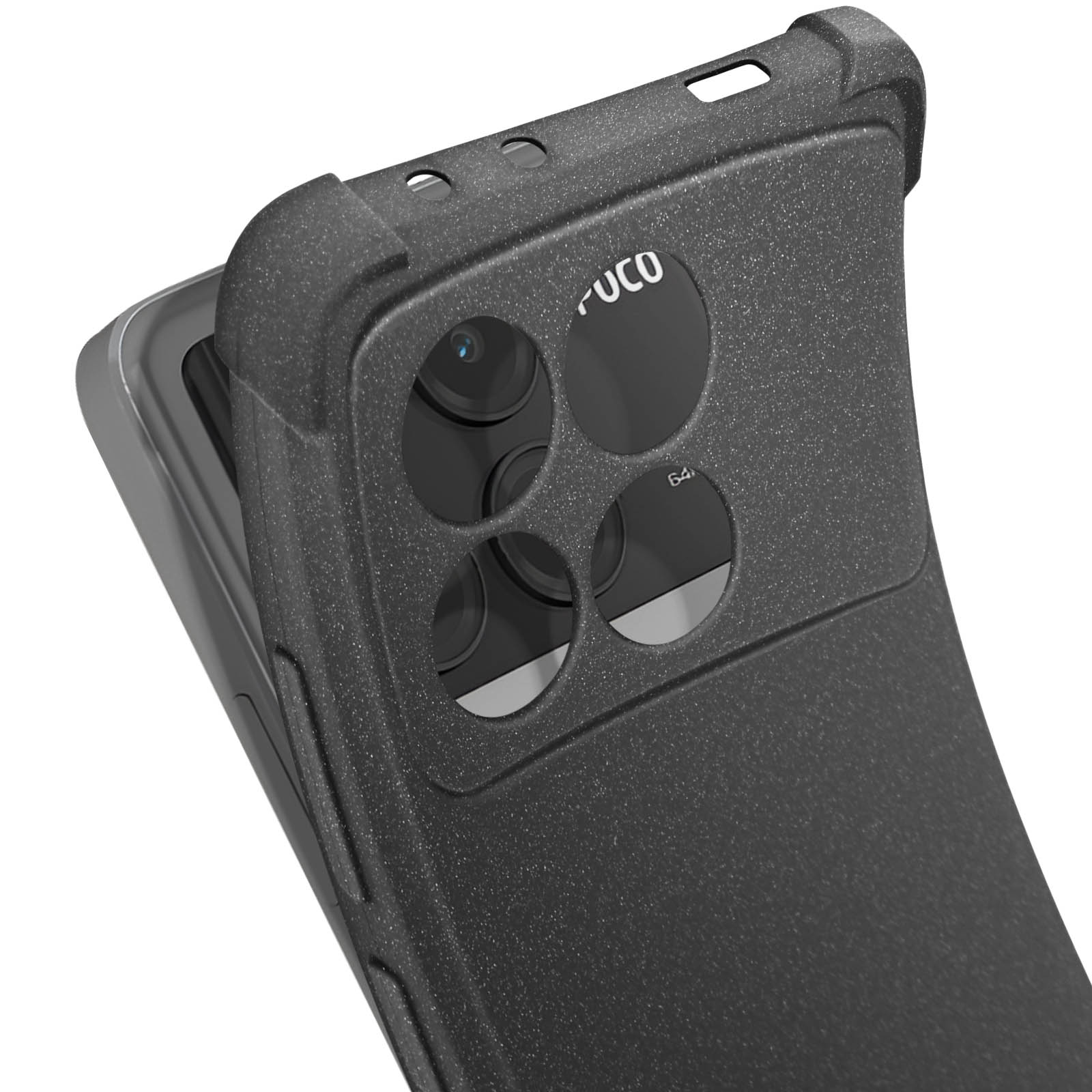 Custodia per telefono con un telefono all'interno. La custodia è nera e copre il telefono, la parte posteriore e la fotocamera.