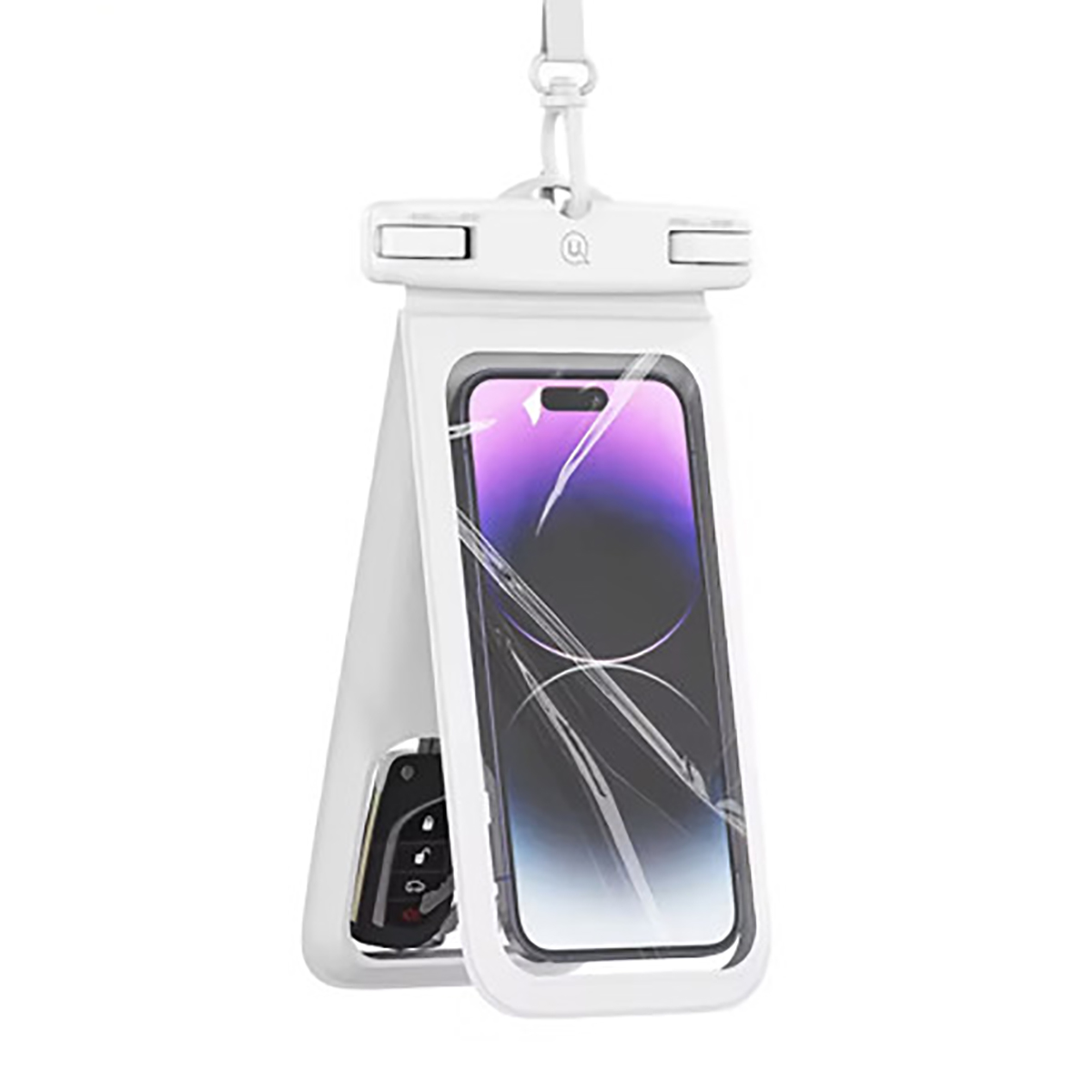 Custodia impermeabile bianca, aperta, che rivela telefono e chiavi. Sfondo bianco.