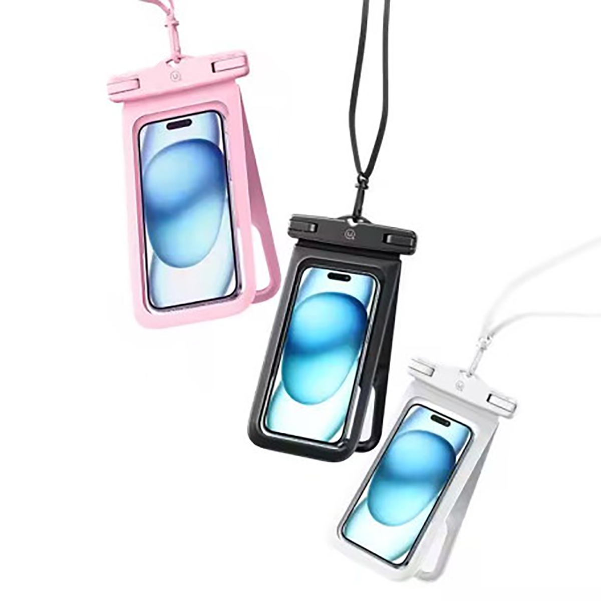 Tre custodie impermeabili per telefono. Rosa, nera e bianca. Sfondo bianco.