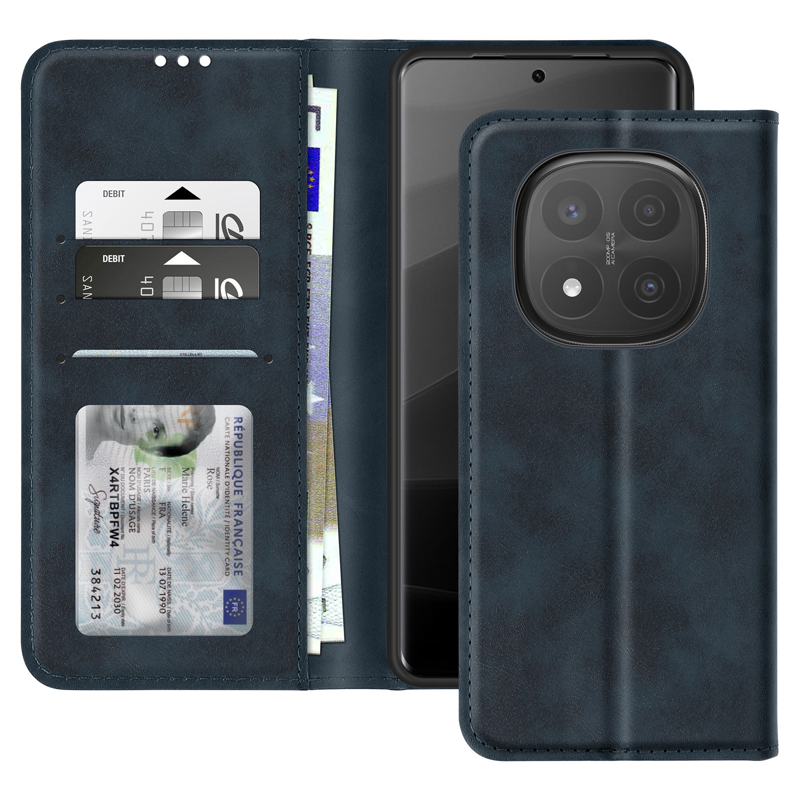 Custodia blu aperta. Carte e denaro visibili. Sfondo nero.